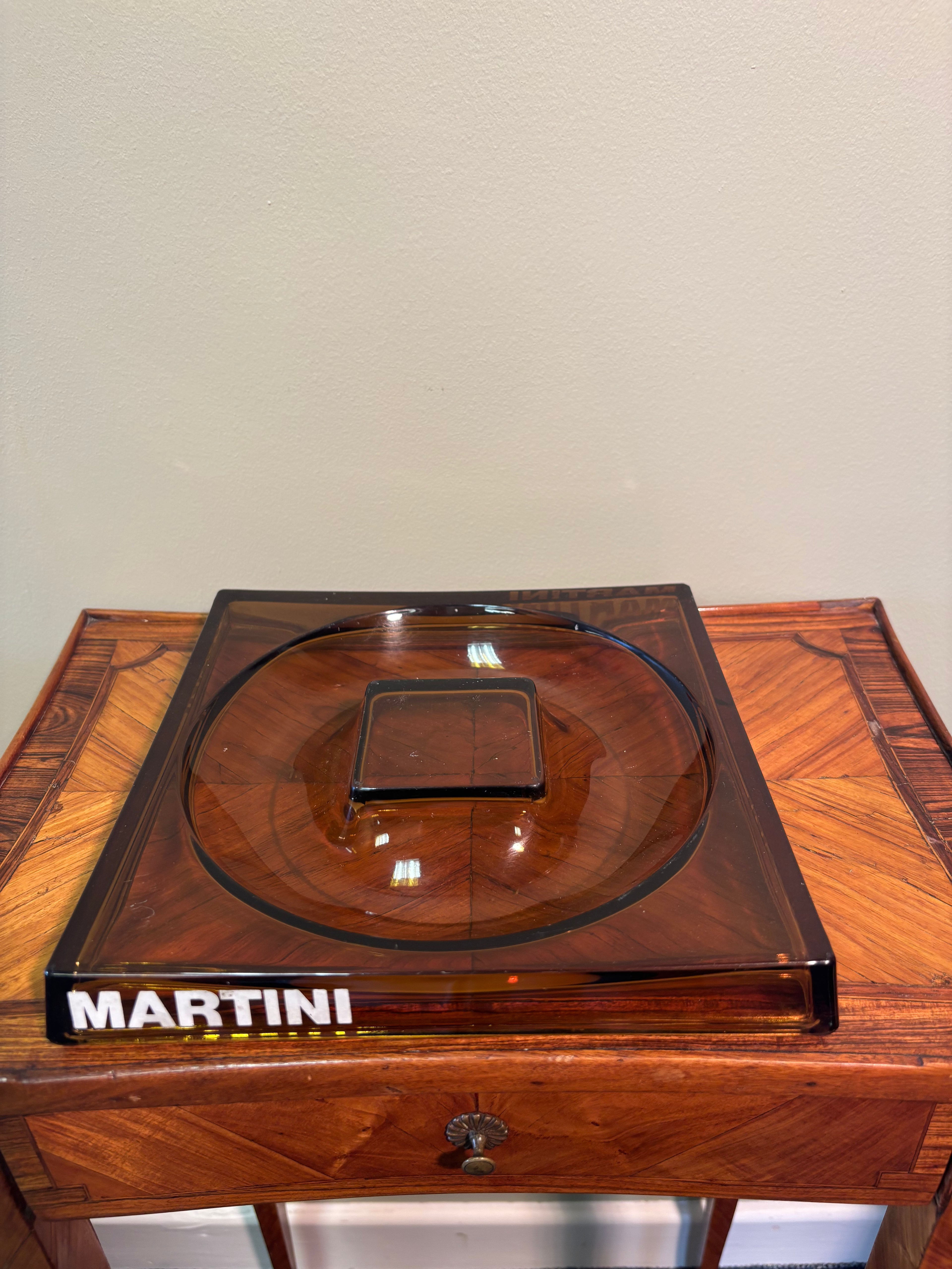 Mid-Century Amber Glass Martini Advertising Ashtray
