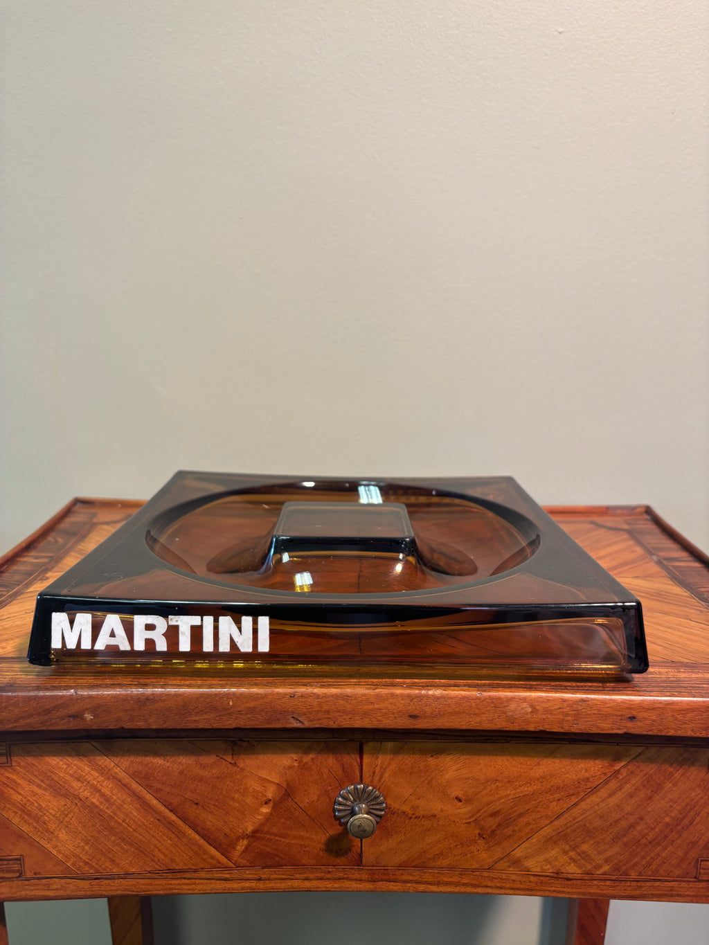 Mid-Century Amber Glass Martini Advertising Ashtray