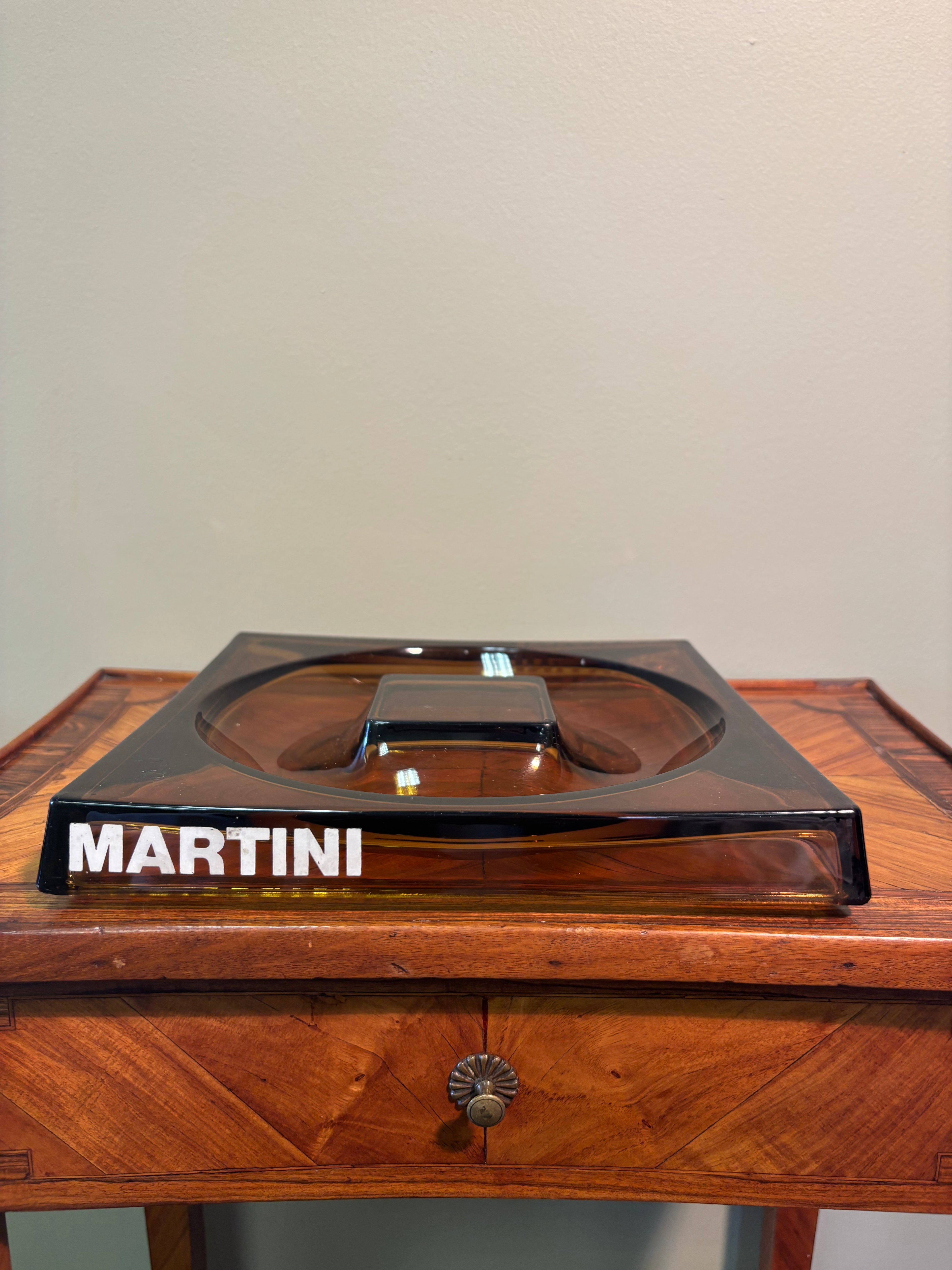Mid-Century Amber Glass Martini Advertising Ashtray