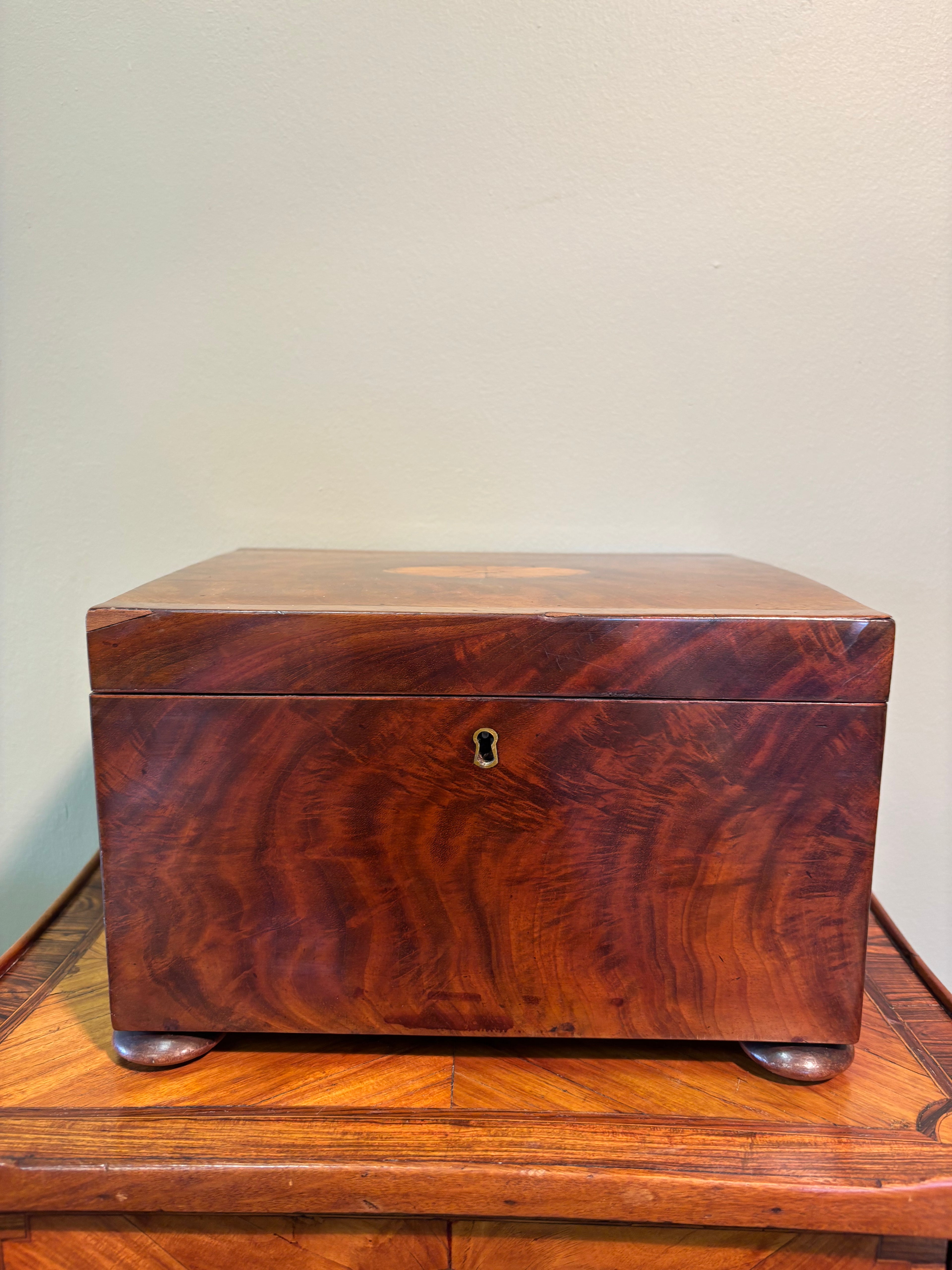 George III Flame Mahogany Tea Caddy with Original Key & Velvet Interior