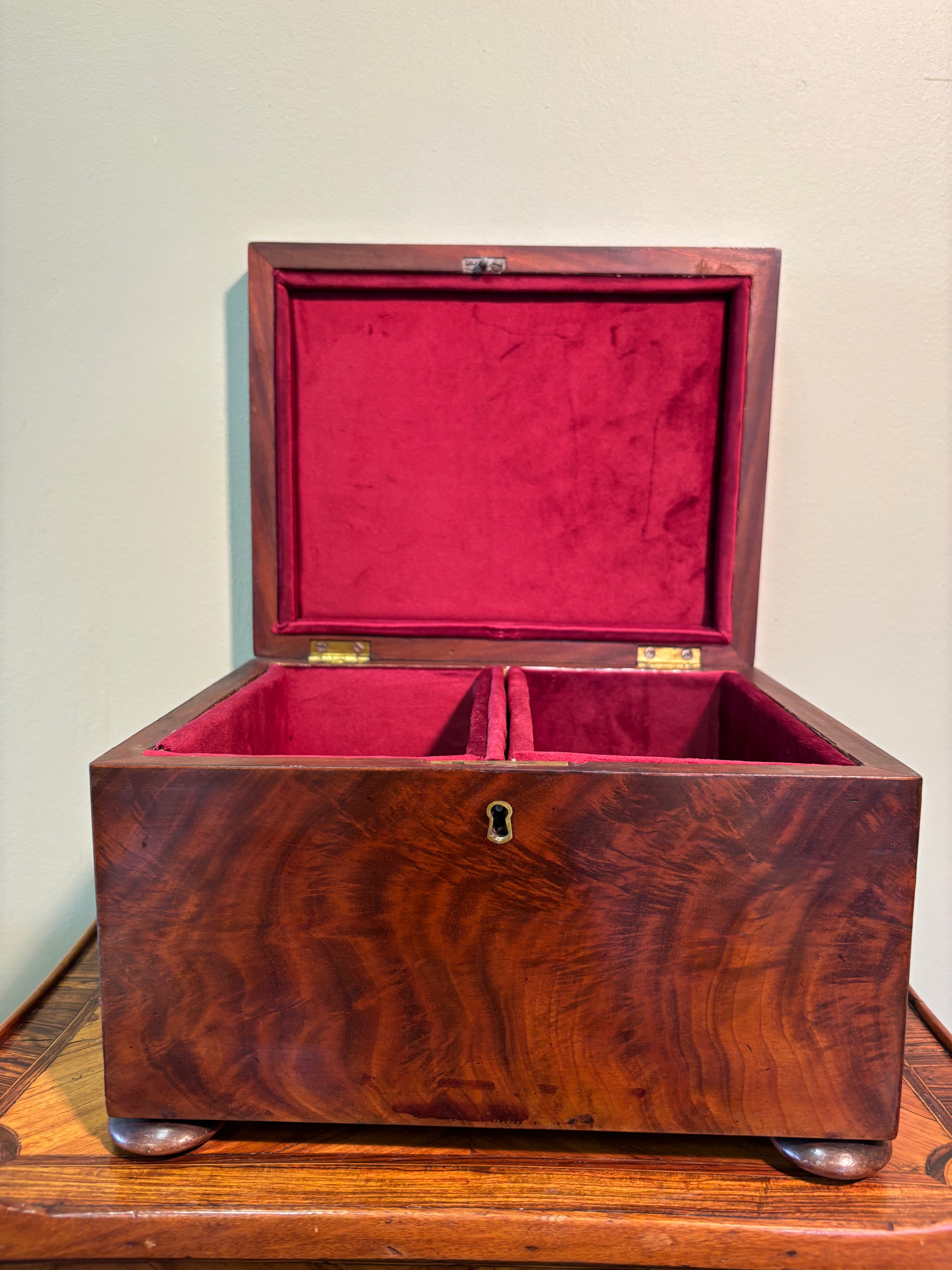 George III Flame Mahogany Tea Caddy with Original Key & Velvet Interior