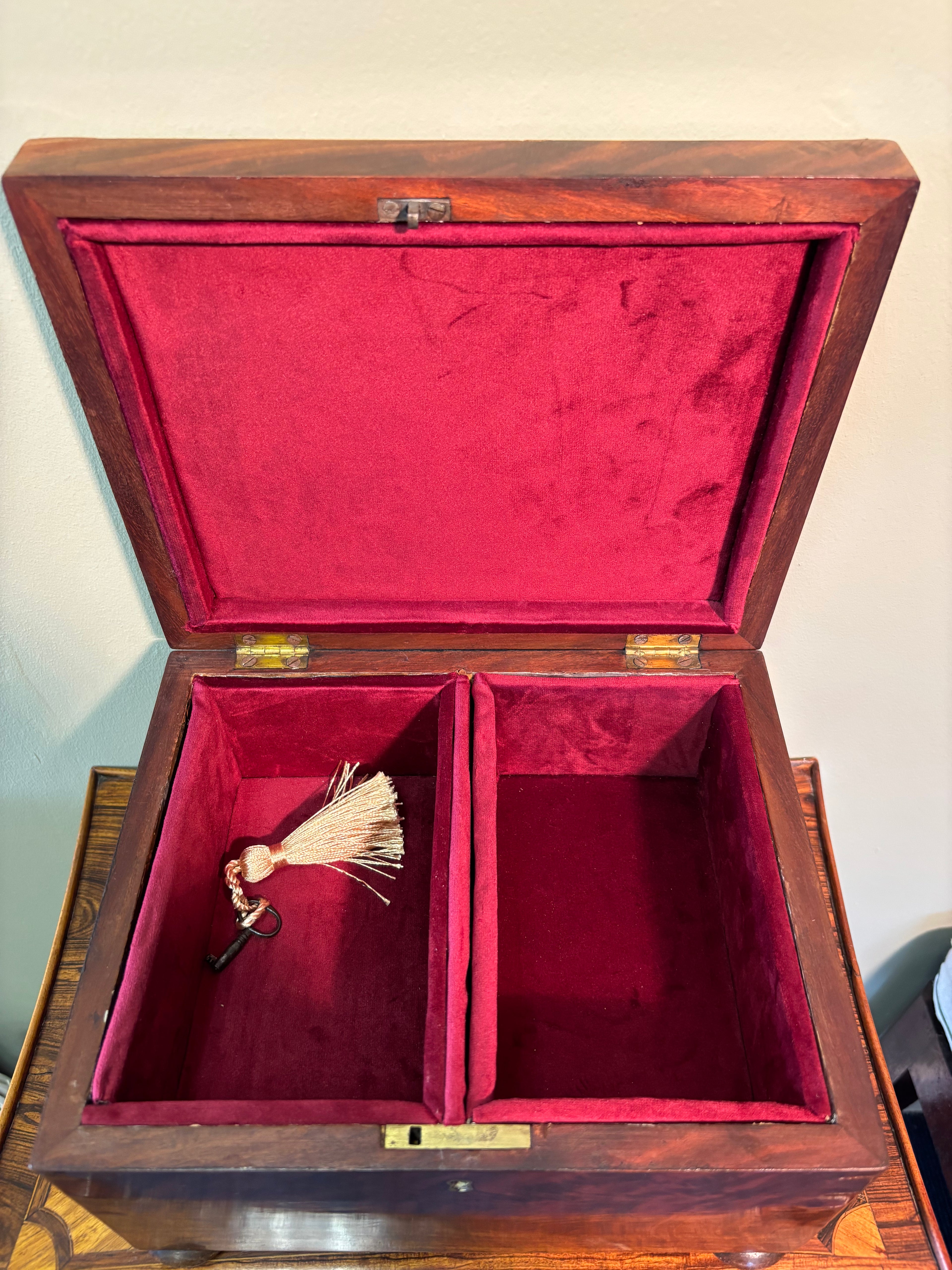 George III Flame Mahogany Tea Caddy with Original Key & Velvet Interior