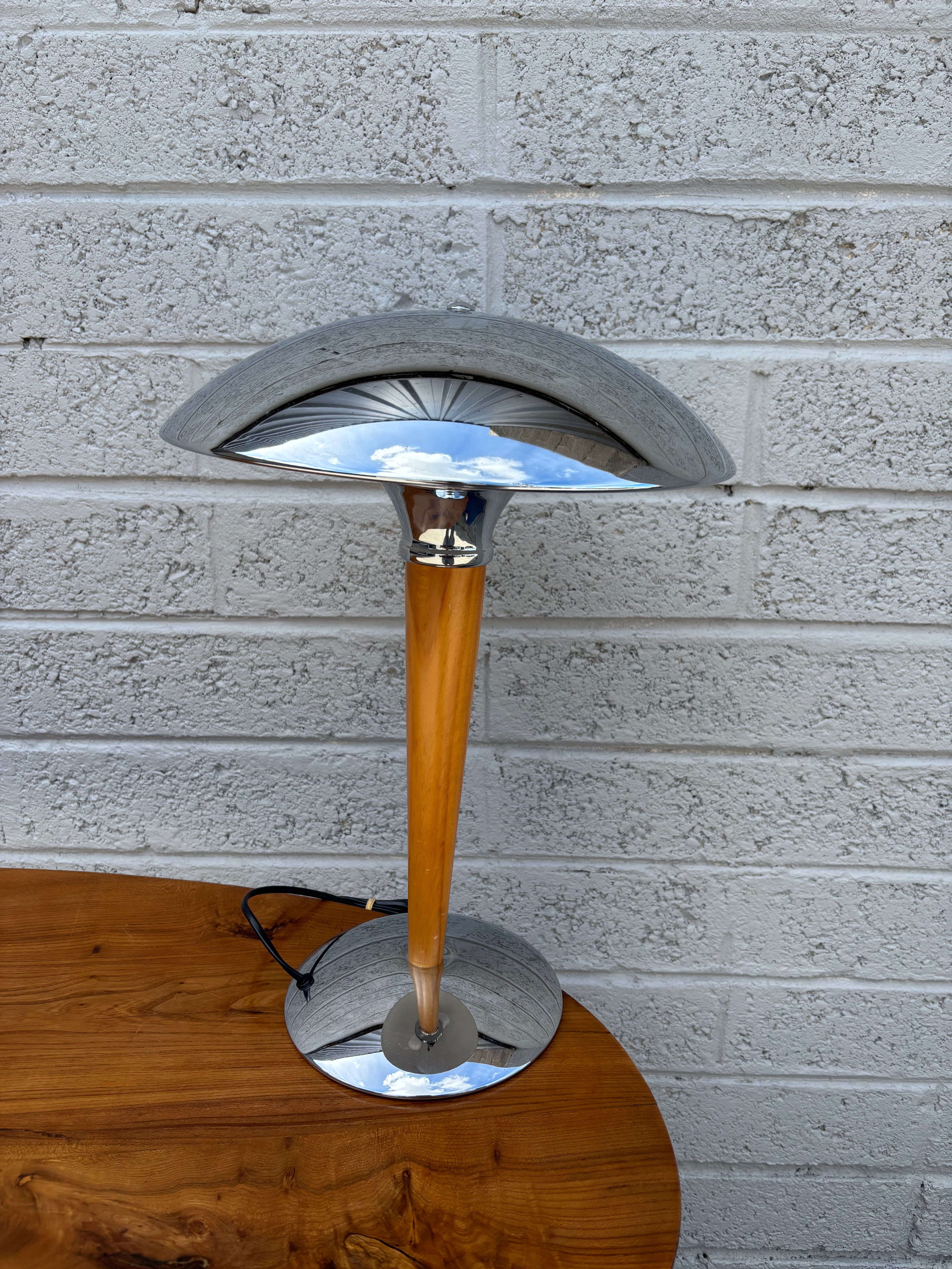 Mid-Century Modern Chrome and Wood Mushroom Table Lamp