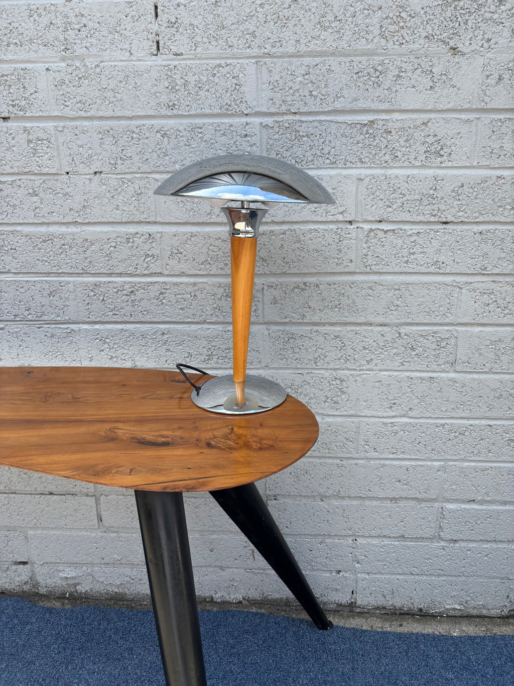 Mid-Century Modern Chrome and Wood Mushroom Table Lamp