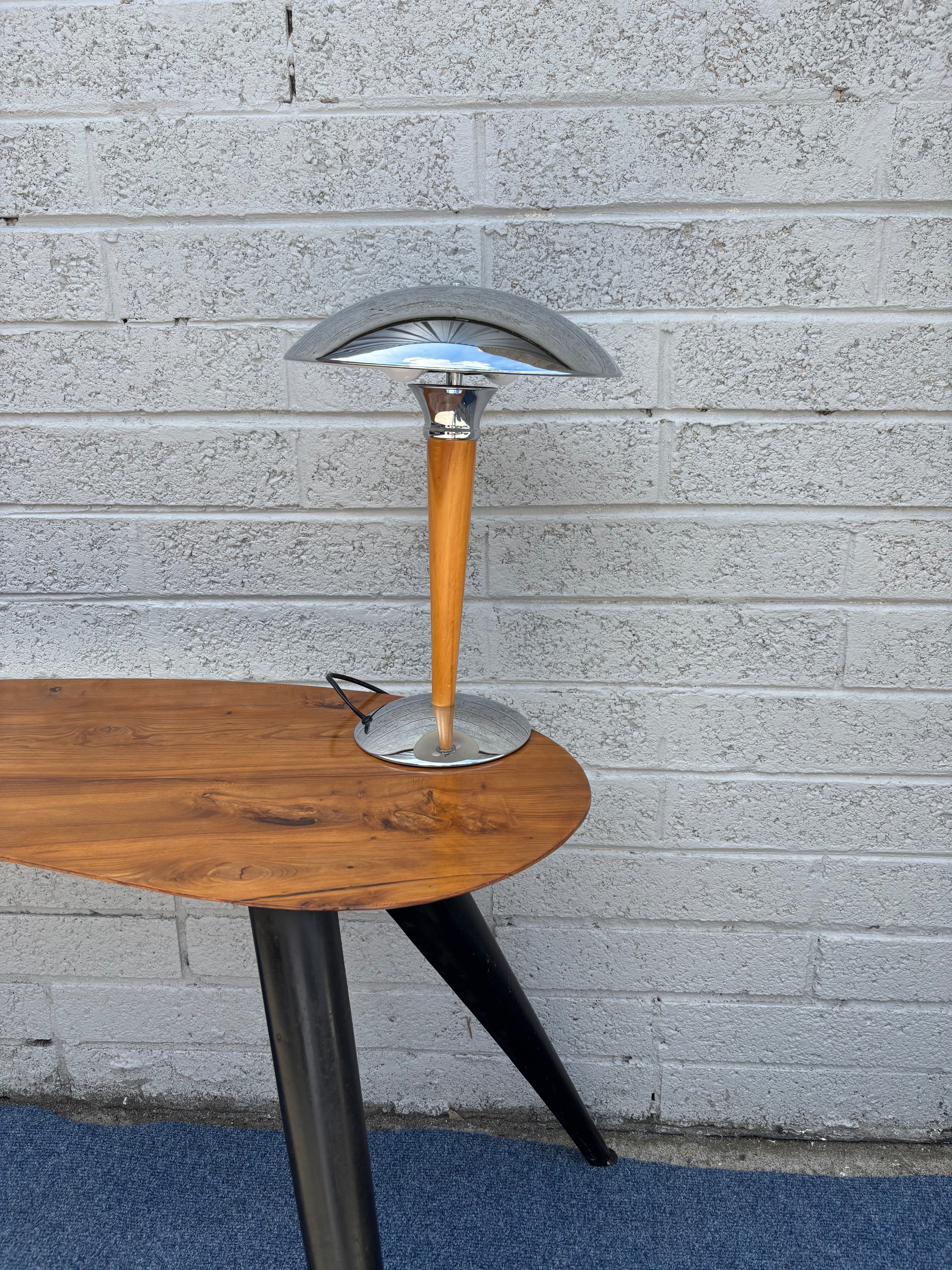 Mid-Century Modern Chrome and Wood Mushroom Table Lamp