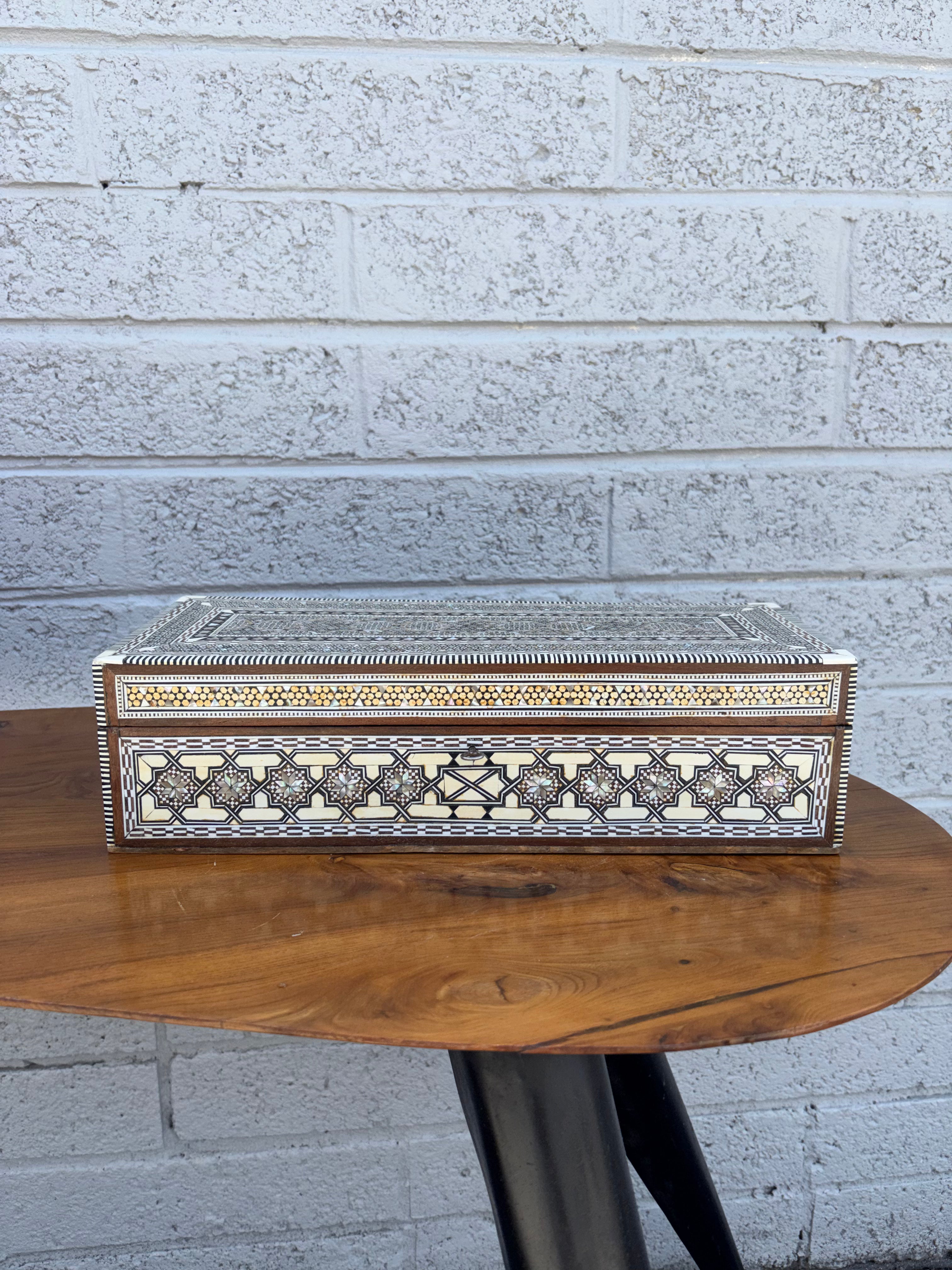 Mid-20th Century Middle Eastern Mother-of-Pearl and Bone Inlaid Marquetry Jewelry Box