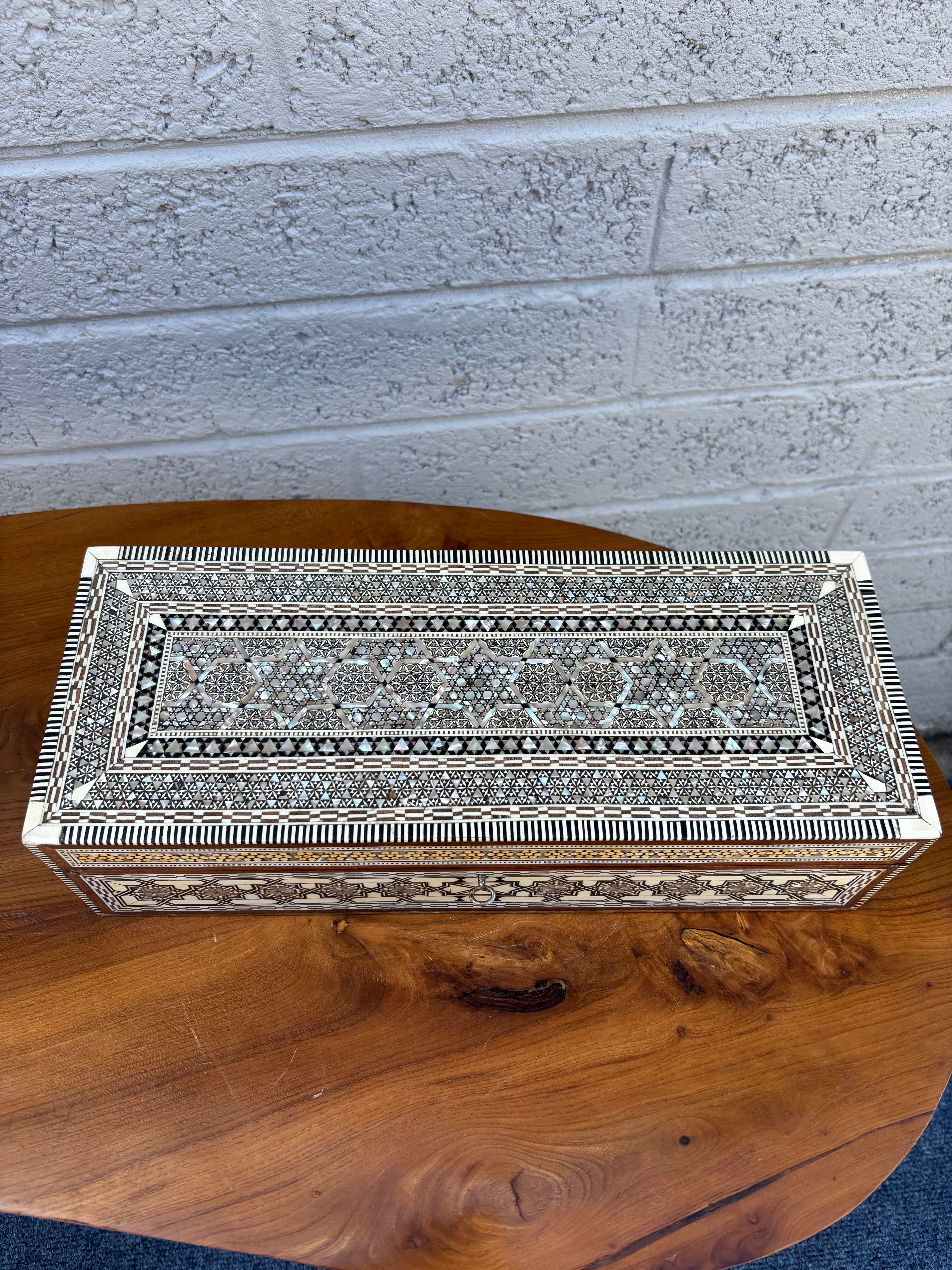 Mid-20th Century Middle Eastern Mother-of-Pearl and Bone Inlaid Marquetry Jewelry Box