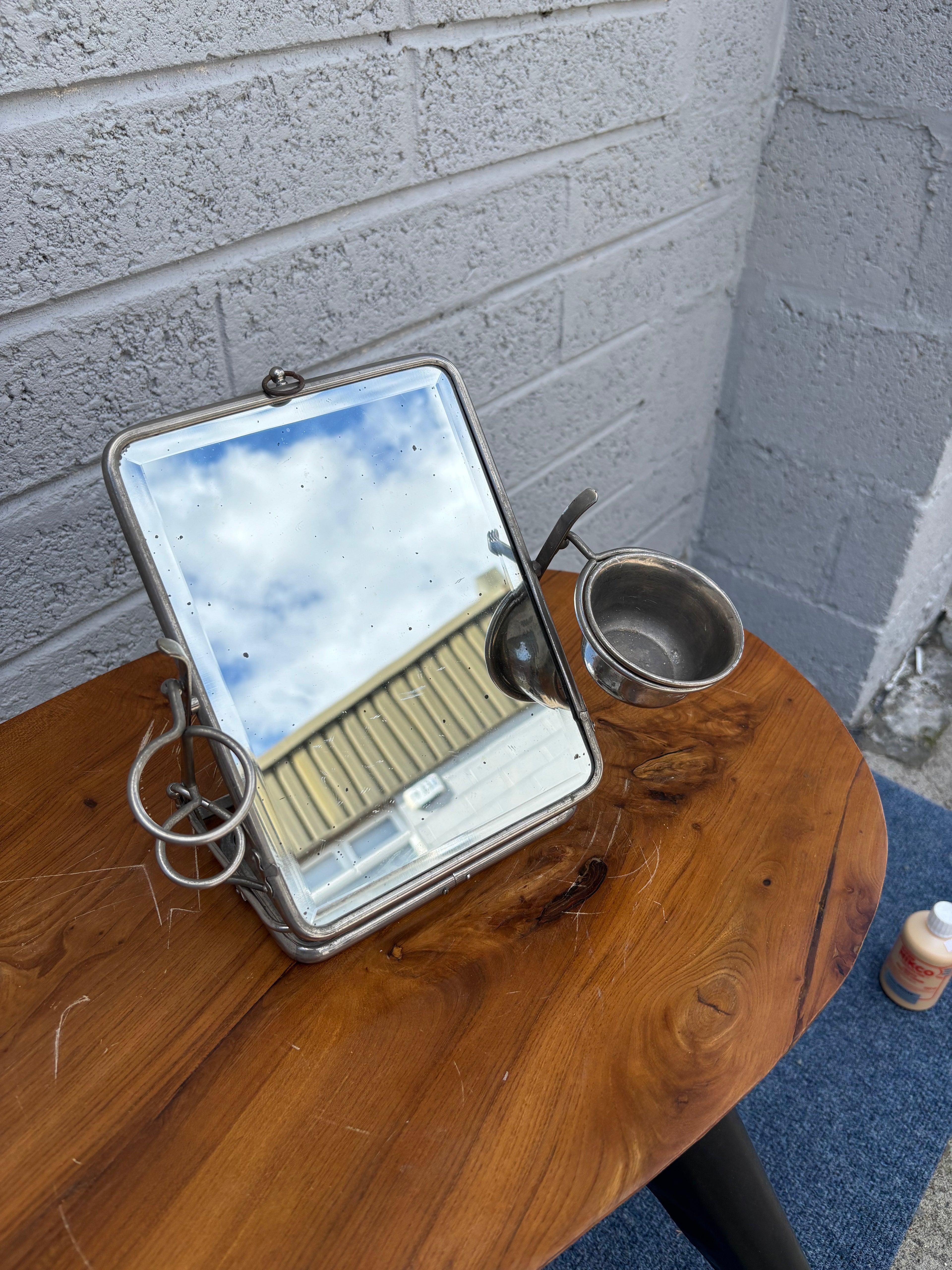 French Triptych Shaving Mirror with Integrated Vanity Accessories