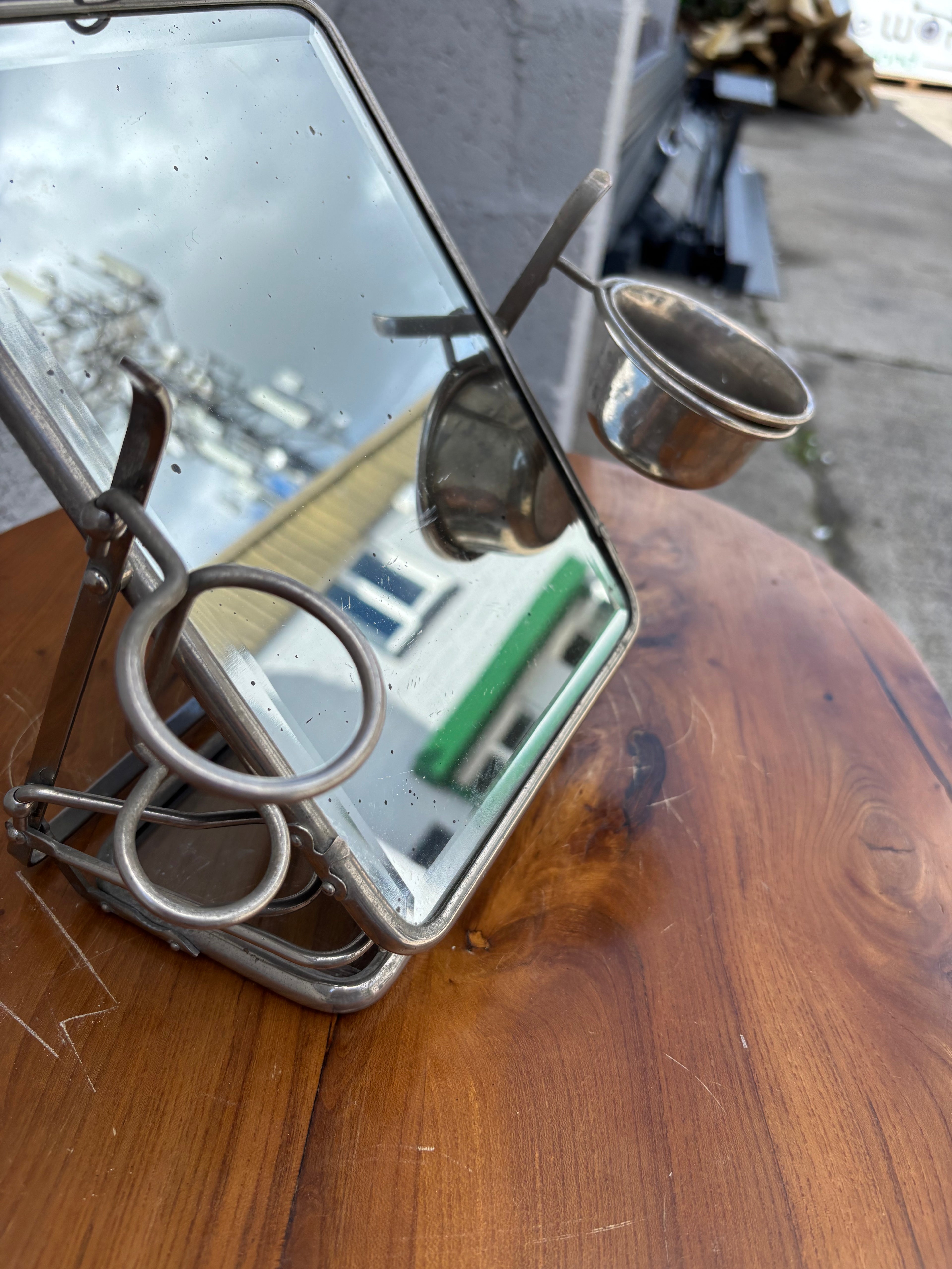 French Triptych Shaving Mirror with Integrated Vanity Accessories