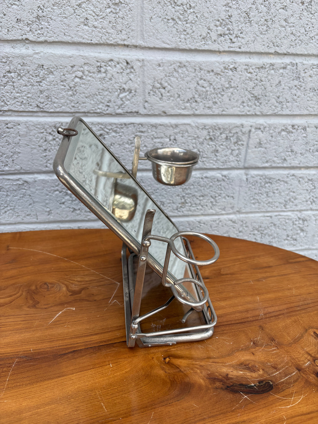 French Triptych Shaving Mirror with Integrated Vanity Accessories