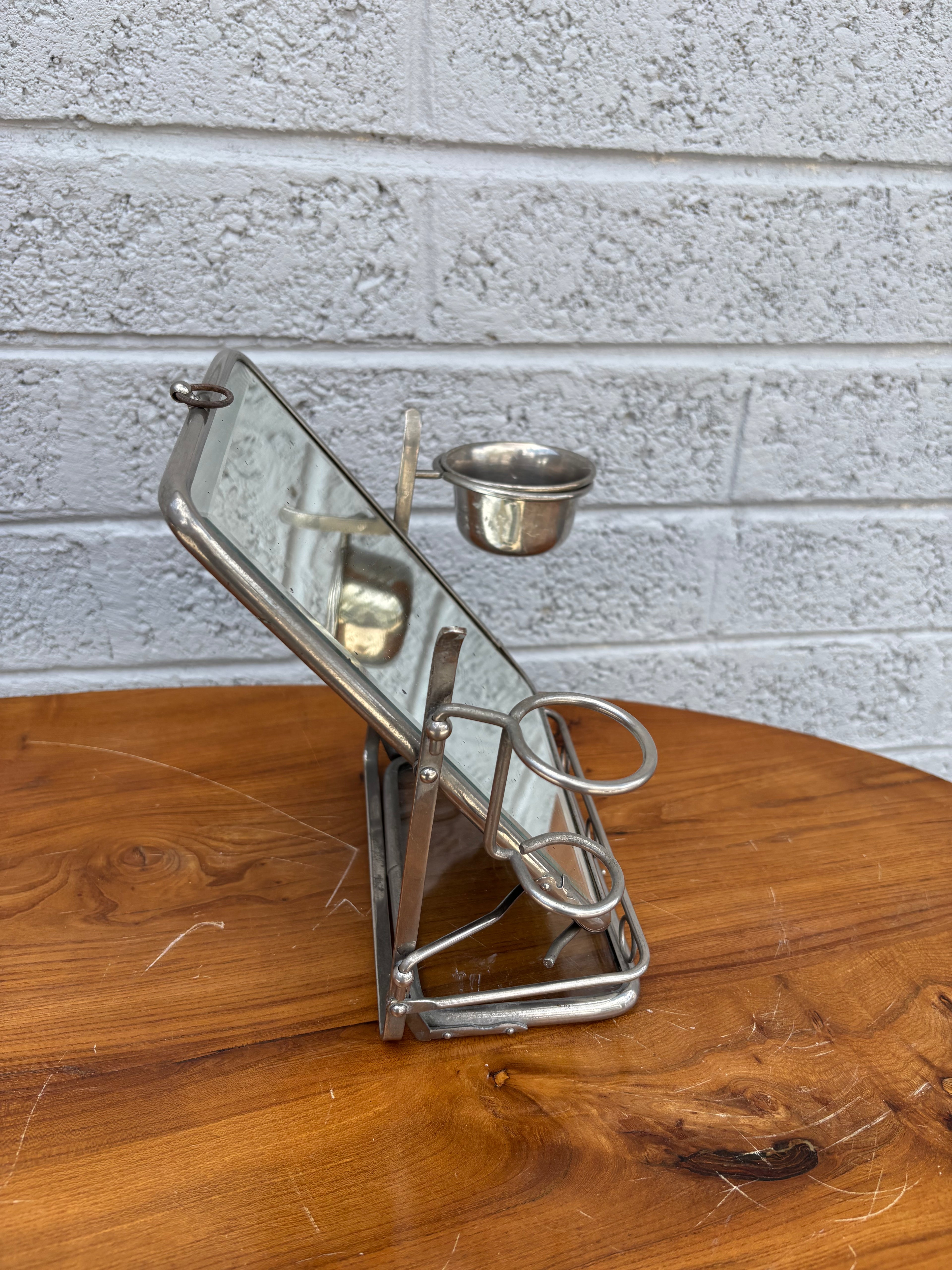 French Triptych Shaving Mirror with Integrated Vanity Accessories