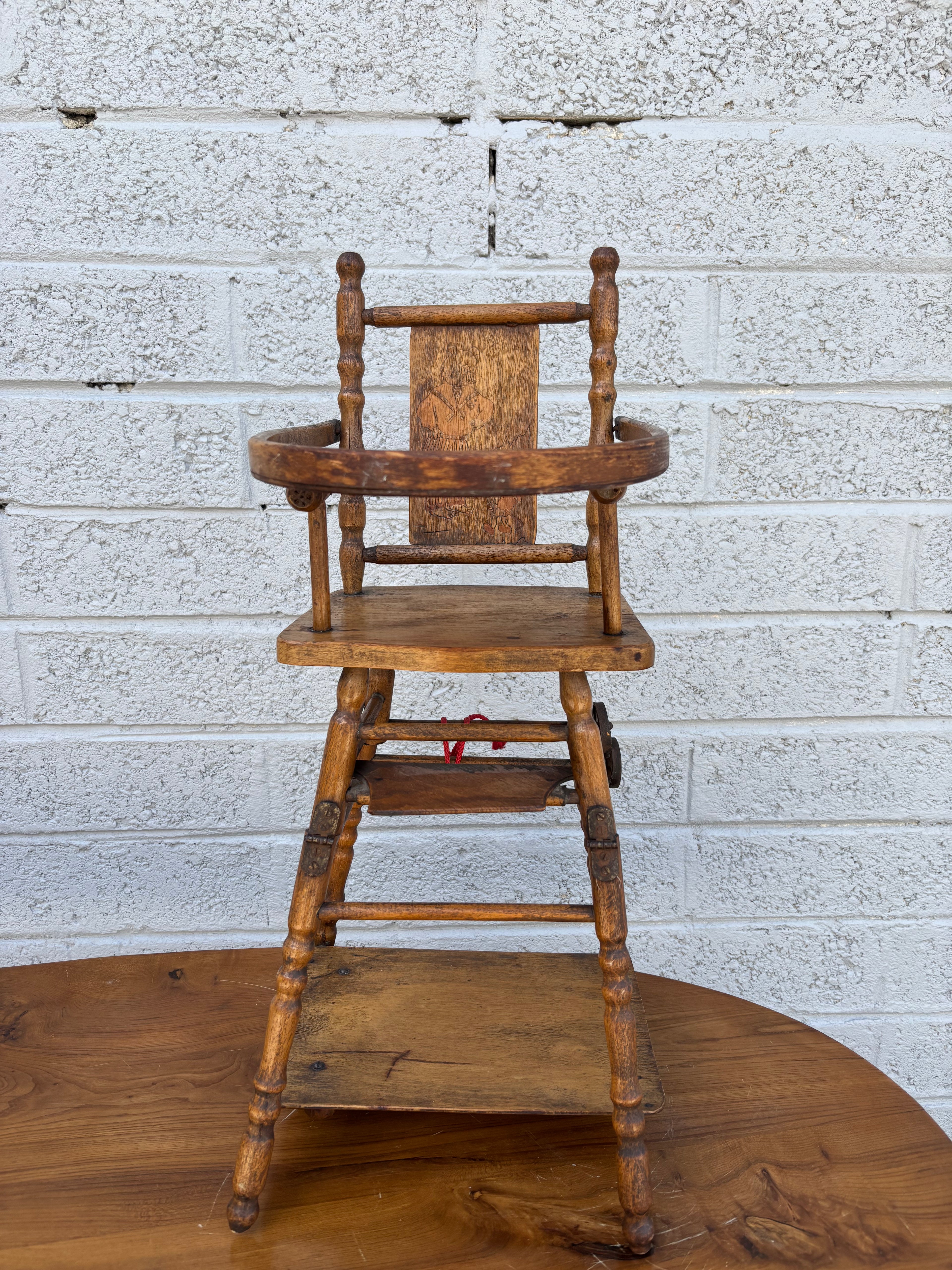 Antique Victorian Wooden Children's High Chair with Etched Back Splat, c. 1890-1910