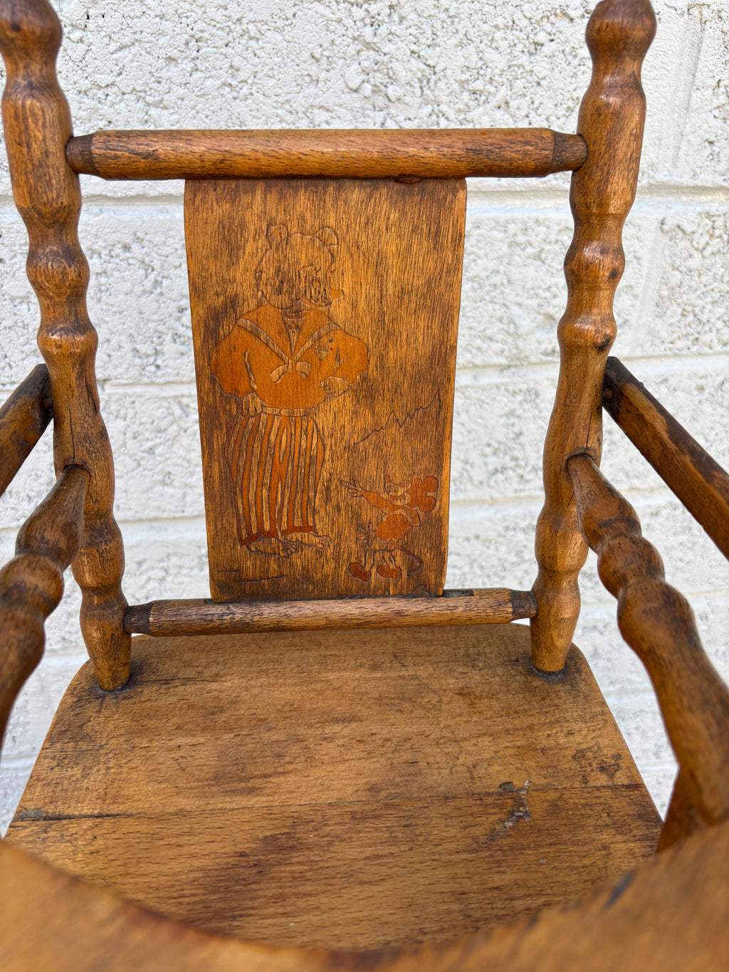 Antique Victorian Wooden Children's High Chair with Etched Back Splat, c. 1890-1910