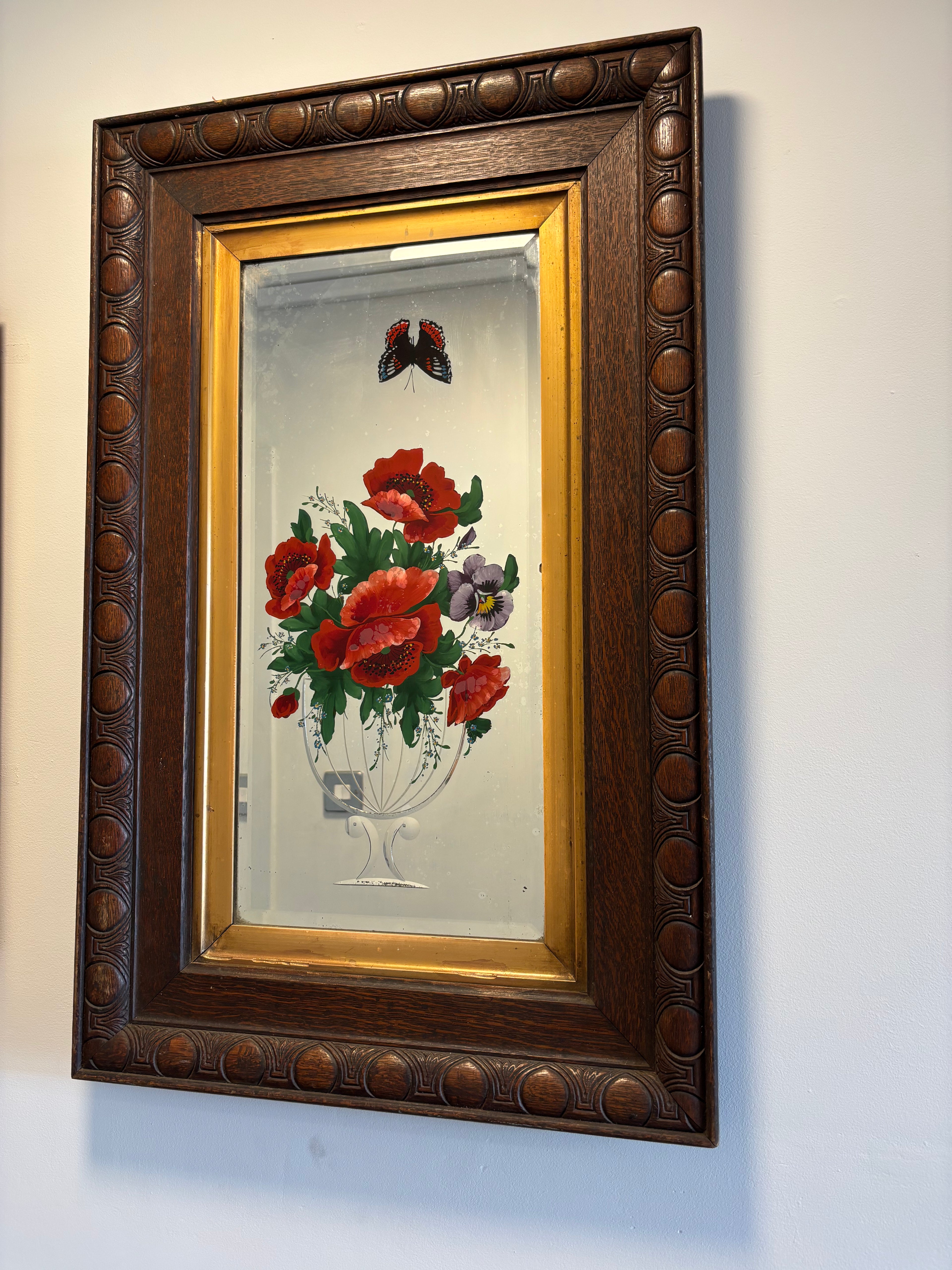 Victorian Oak-Framed "Gypsy" Mirror with Reverse-Painted Poppies & Etched Vase, c. 1890