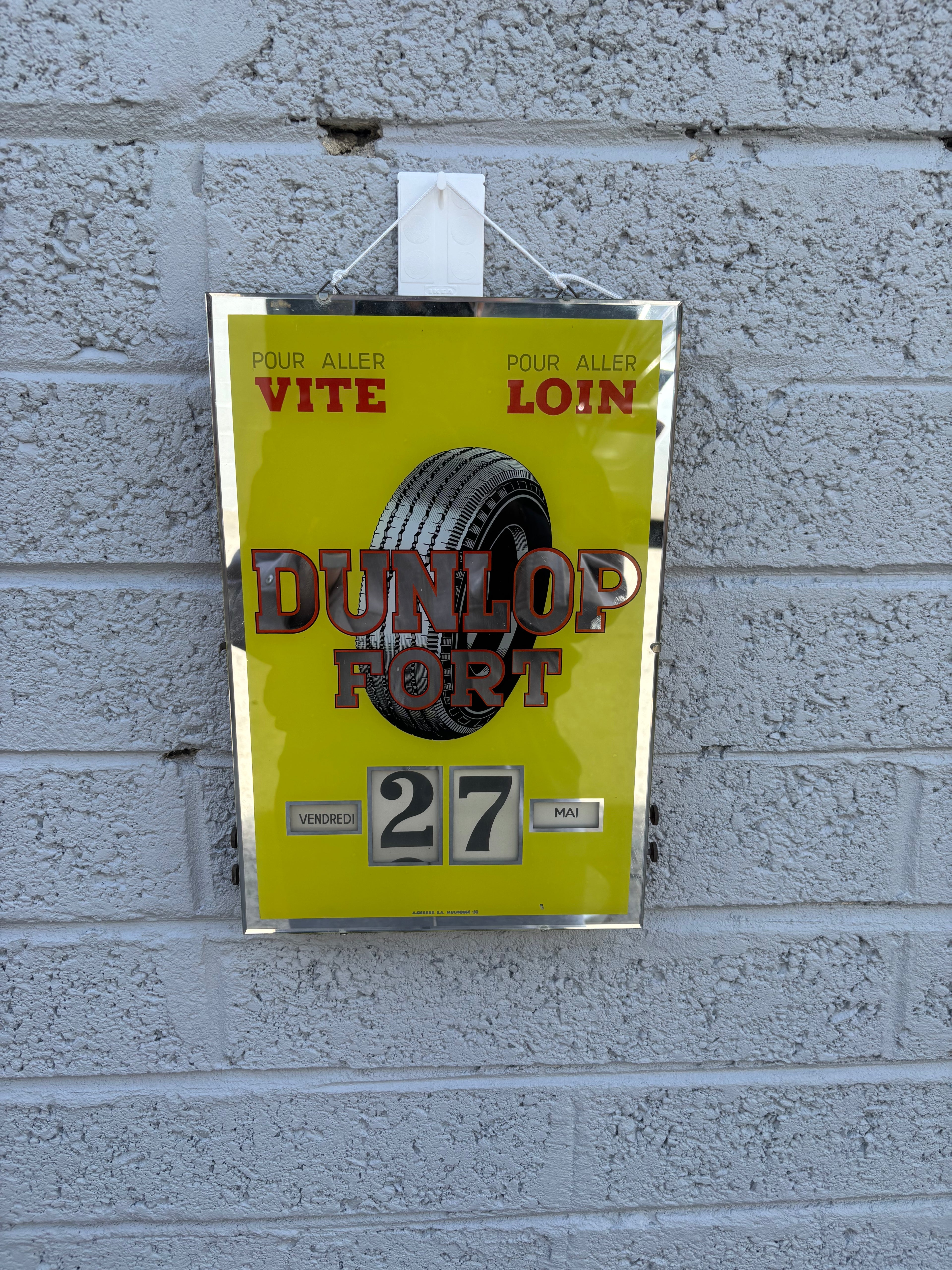 French Dunlop Fort Glass Perpetual Garage Calendar by A. Gerrer, c. 1950