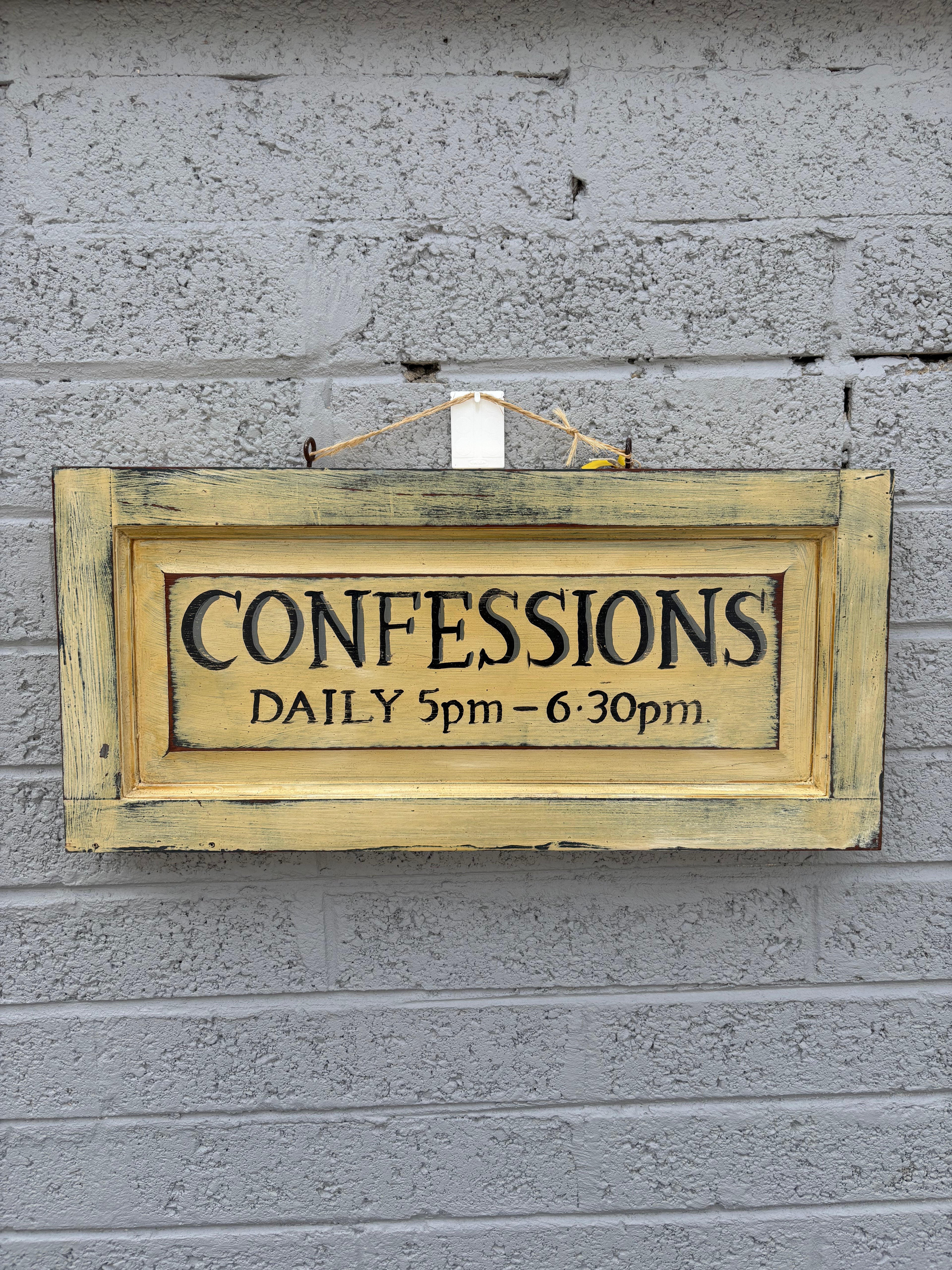 Vintage Hand-Painted Wooden Church Sign – "Confessions Daily"