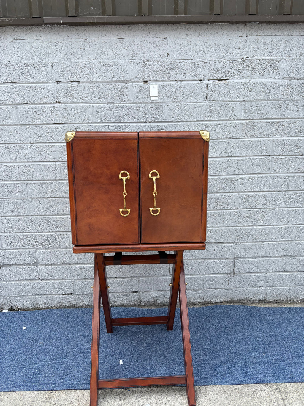 Campaign-Style Leather Trunk Cocktail Cabinet on Stand
