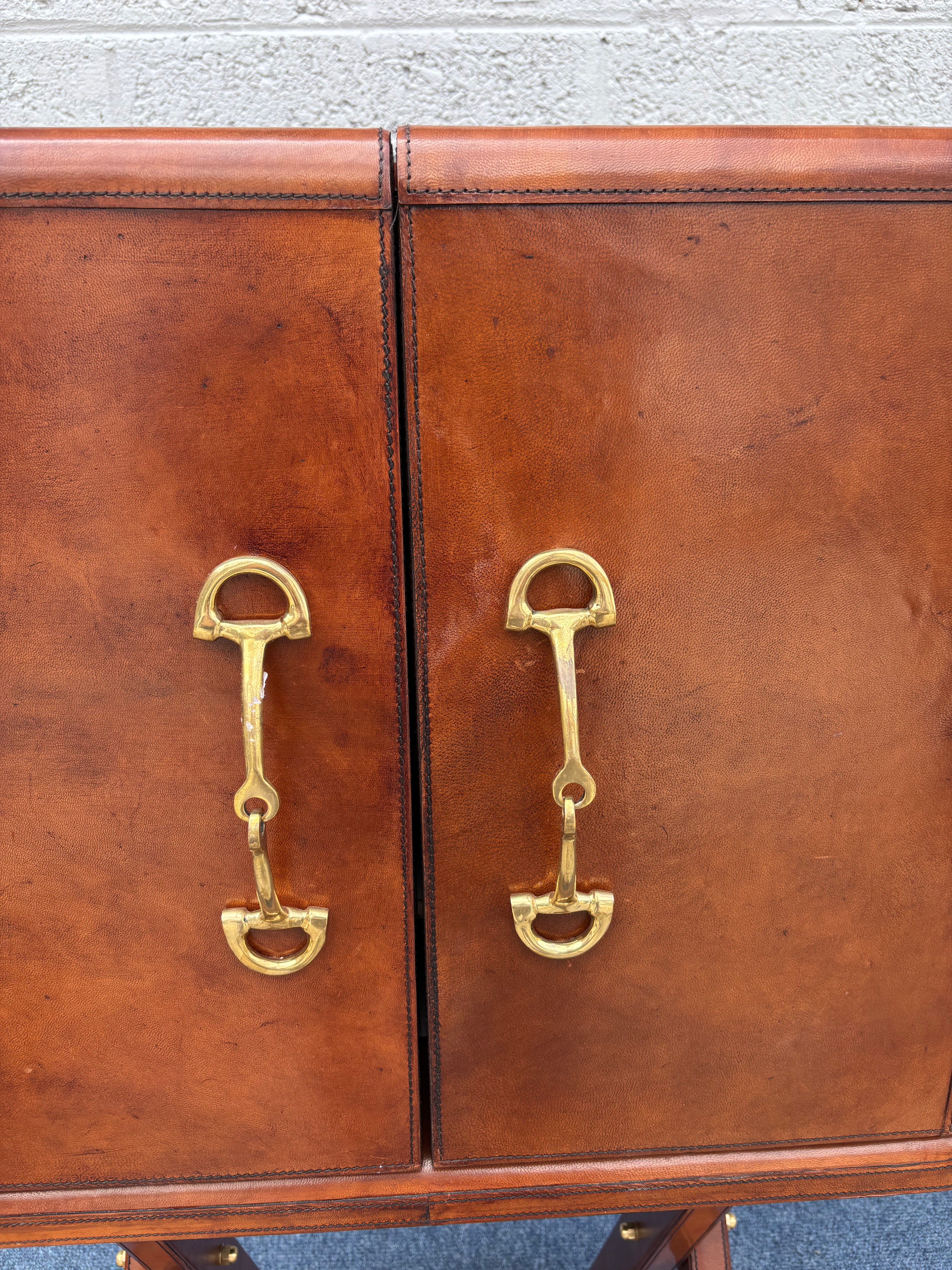 Campaign-Style Leather Trunk Cocktail Cabinet on Stand