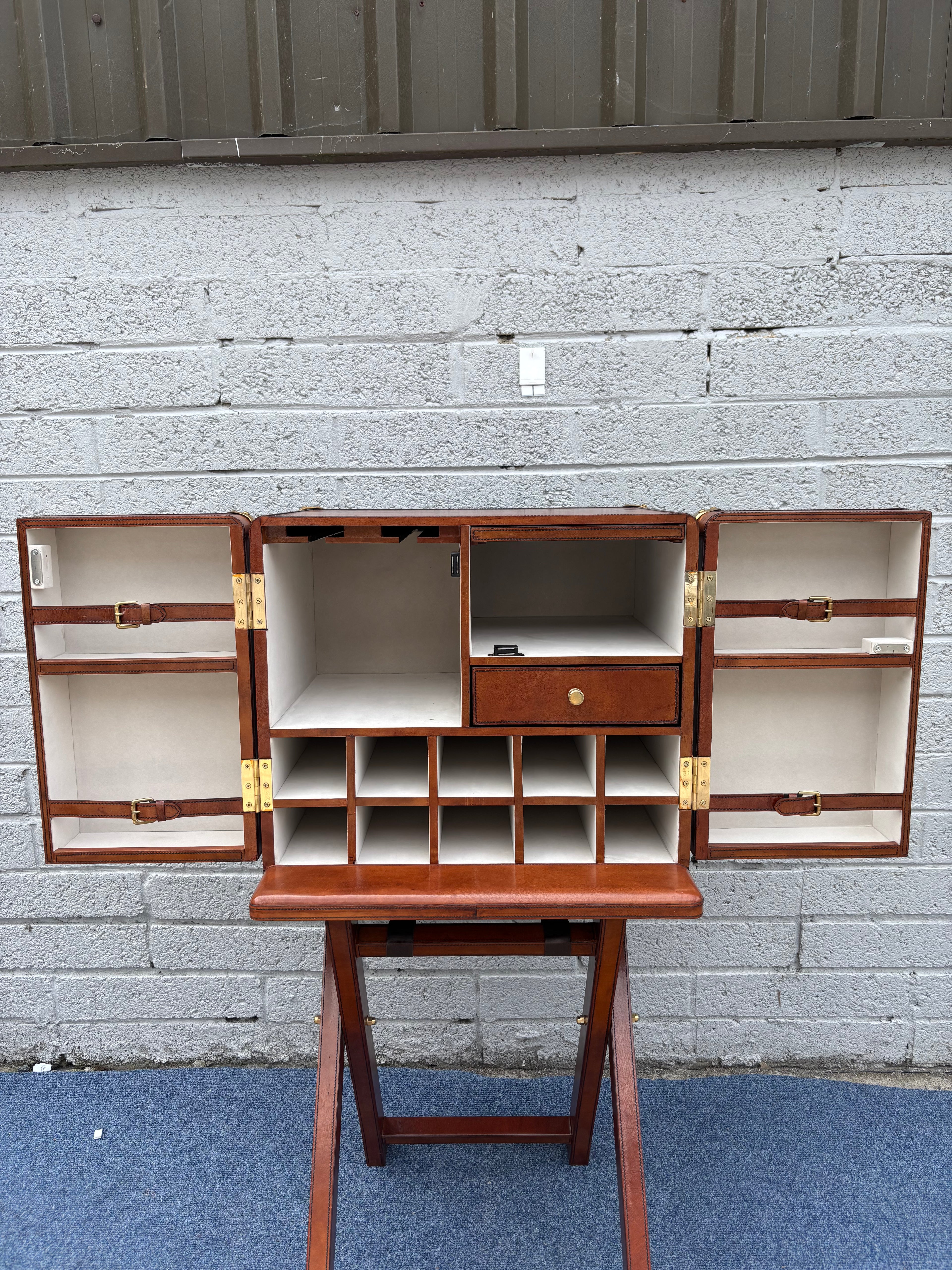 Campaign-Style Leather Trunk Cocktail Cabinet on Stand