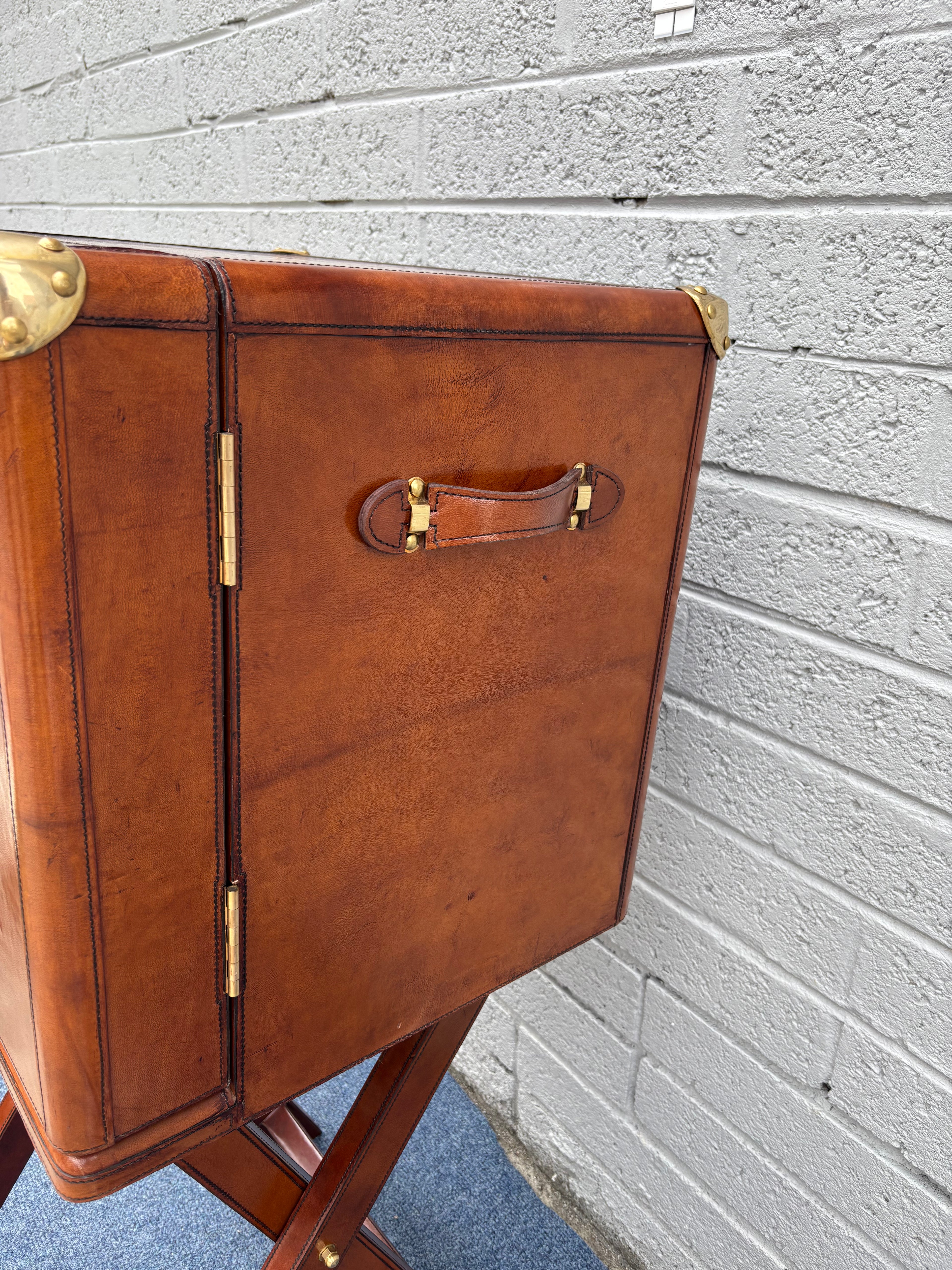 Campaign-Style Leather Trunk Cocktail Cabinet on Stand