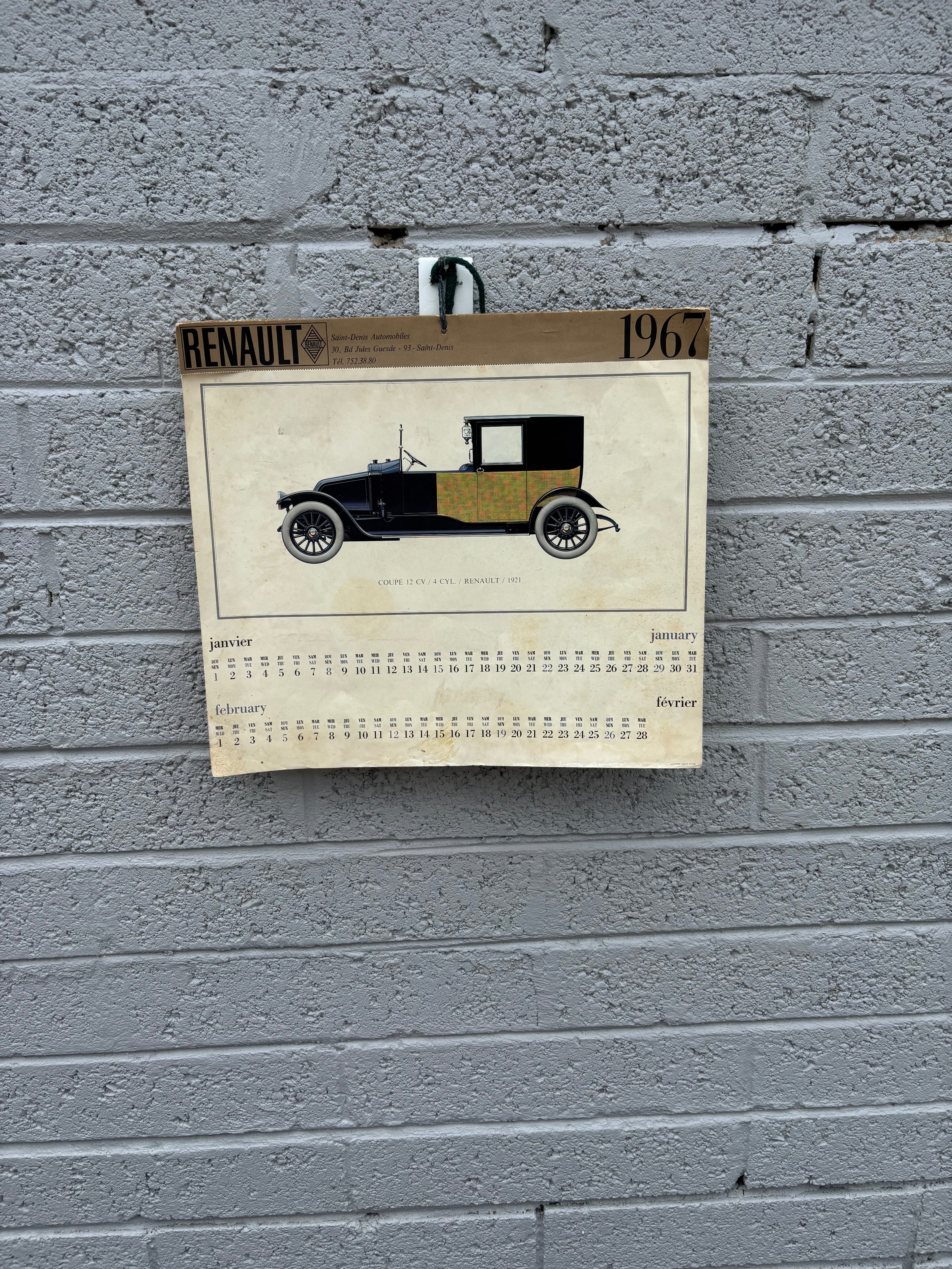 Vintage 1967 Renault Promotional Wall Calendar – 1921 Coupé 12 CV Art
