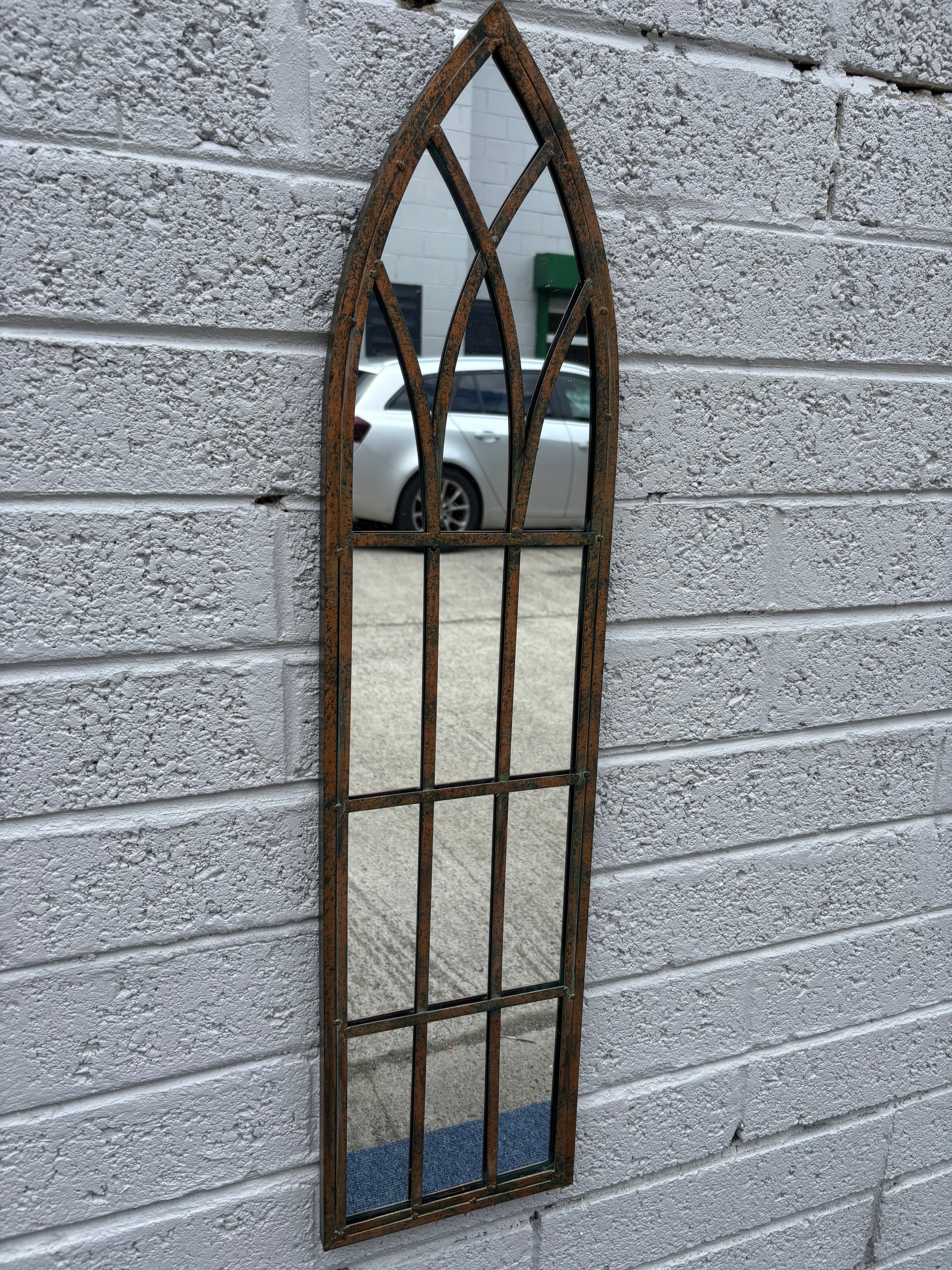 Vintage Metal Cathedral Window Mirror — Distressed Rust Patina