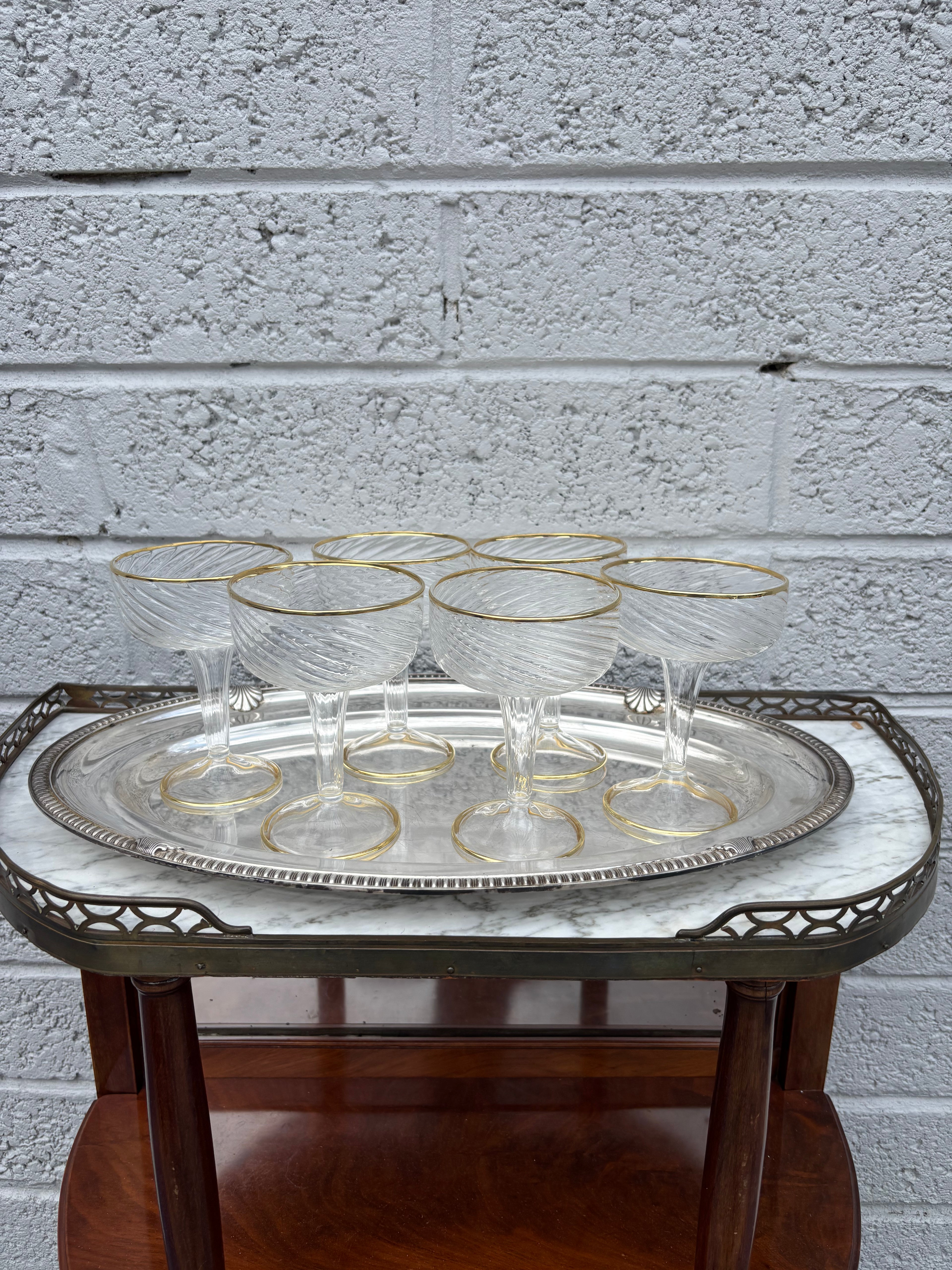 Mid-Century Gold-Rimmed Swirl Optic Champagne Coupes – Set of 6