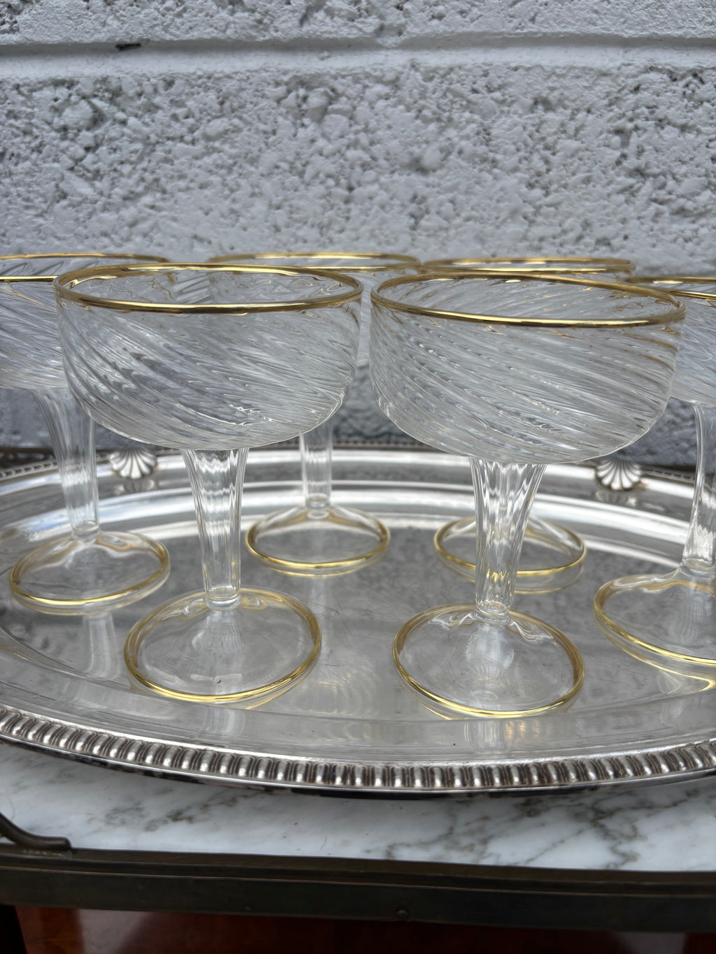 Mid-Century Gold-Rimmed Swirl Optic Champagne Coupes – Set of 6