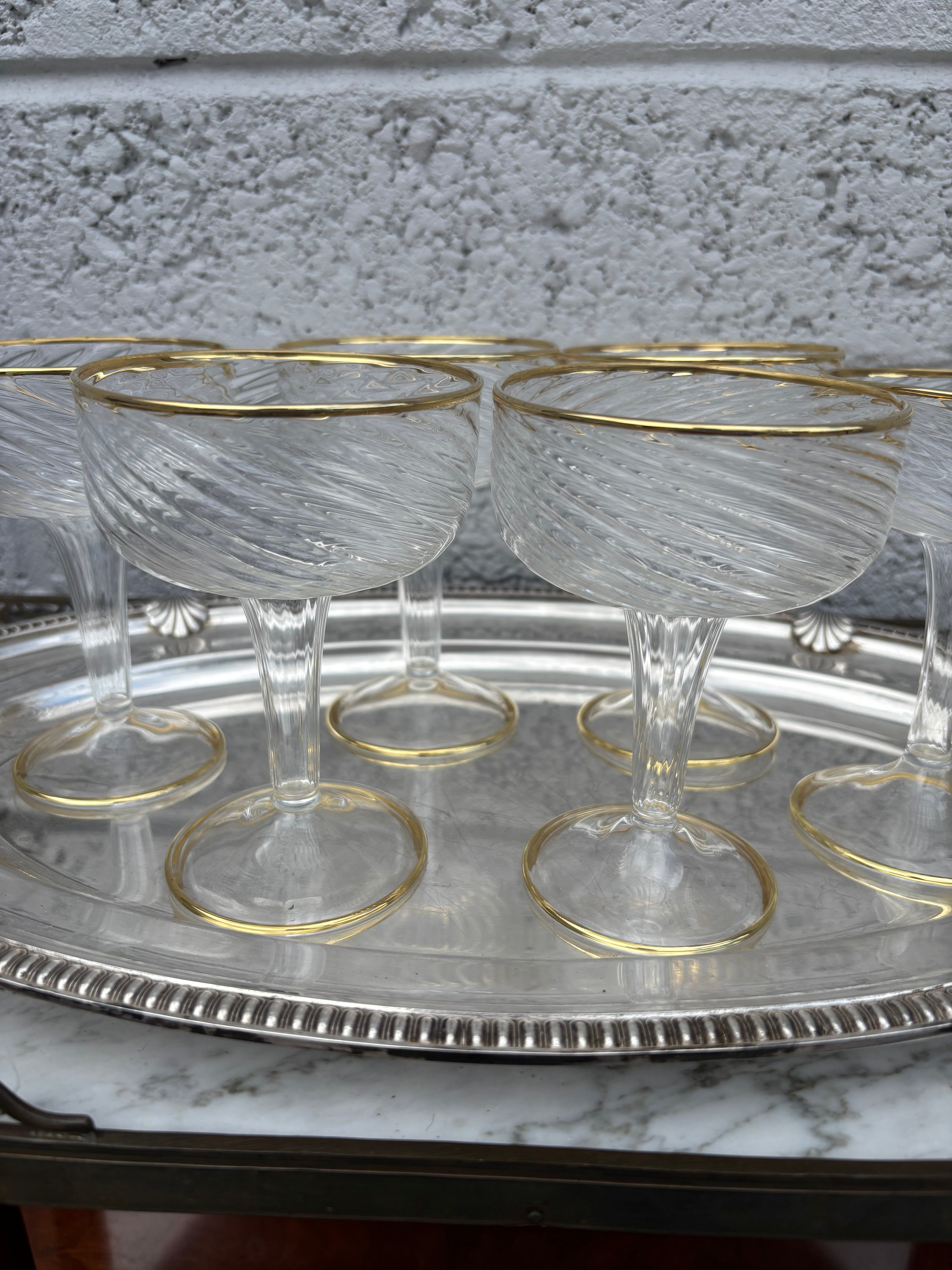 Mid-Century Gold-Rimmed Swirl Optic Champagne Coupes – Set of 6