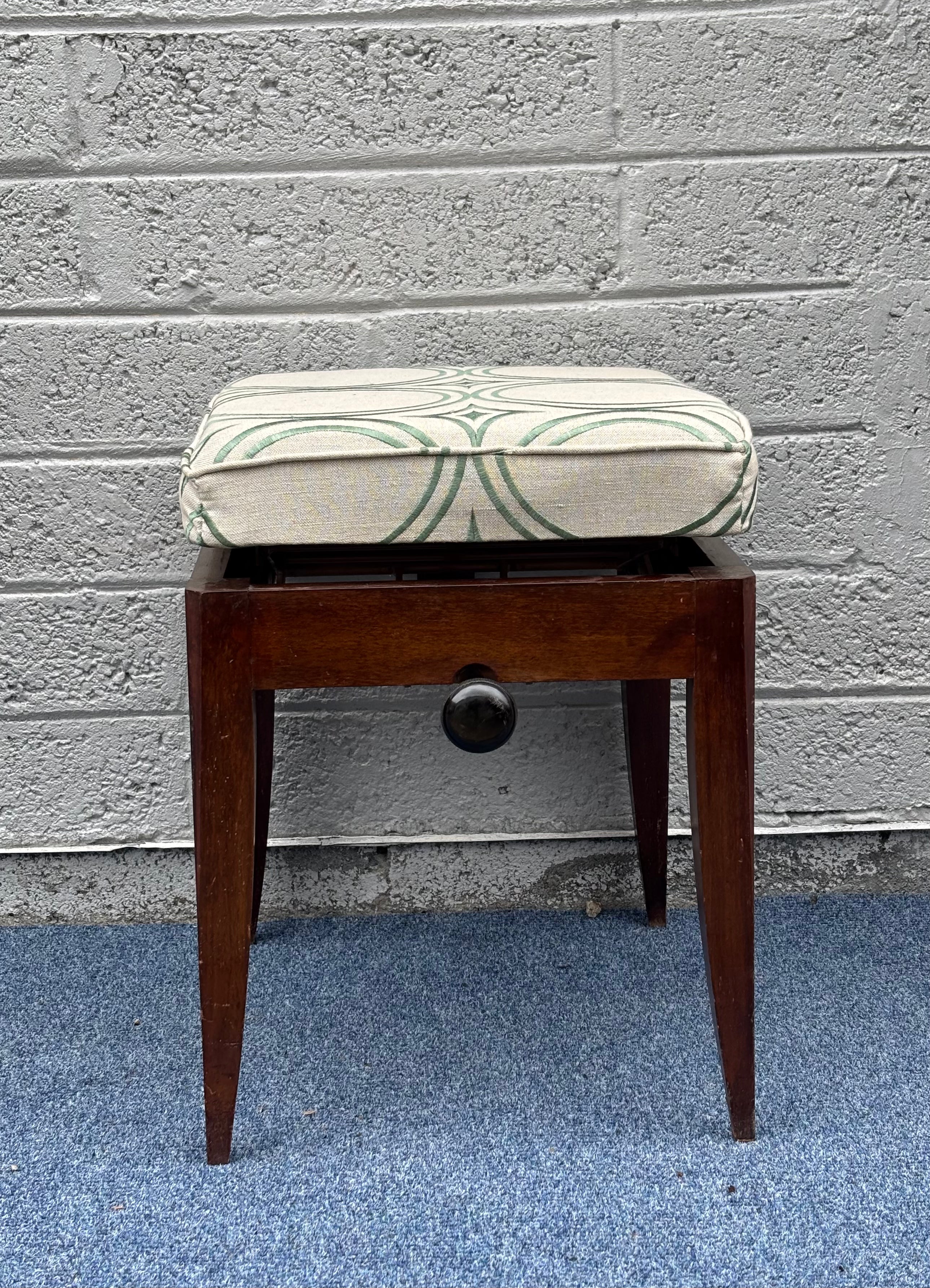 Mid-Century Adjustable Wood Piano Stool with Green Geometric Cushion