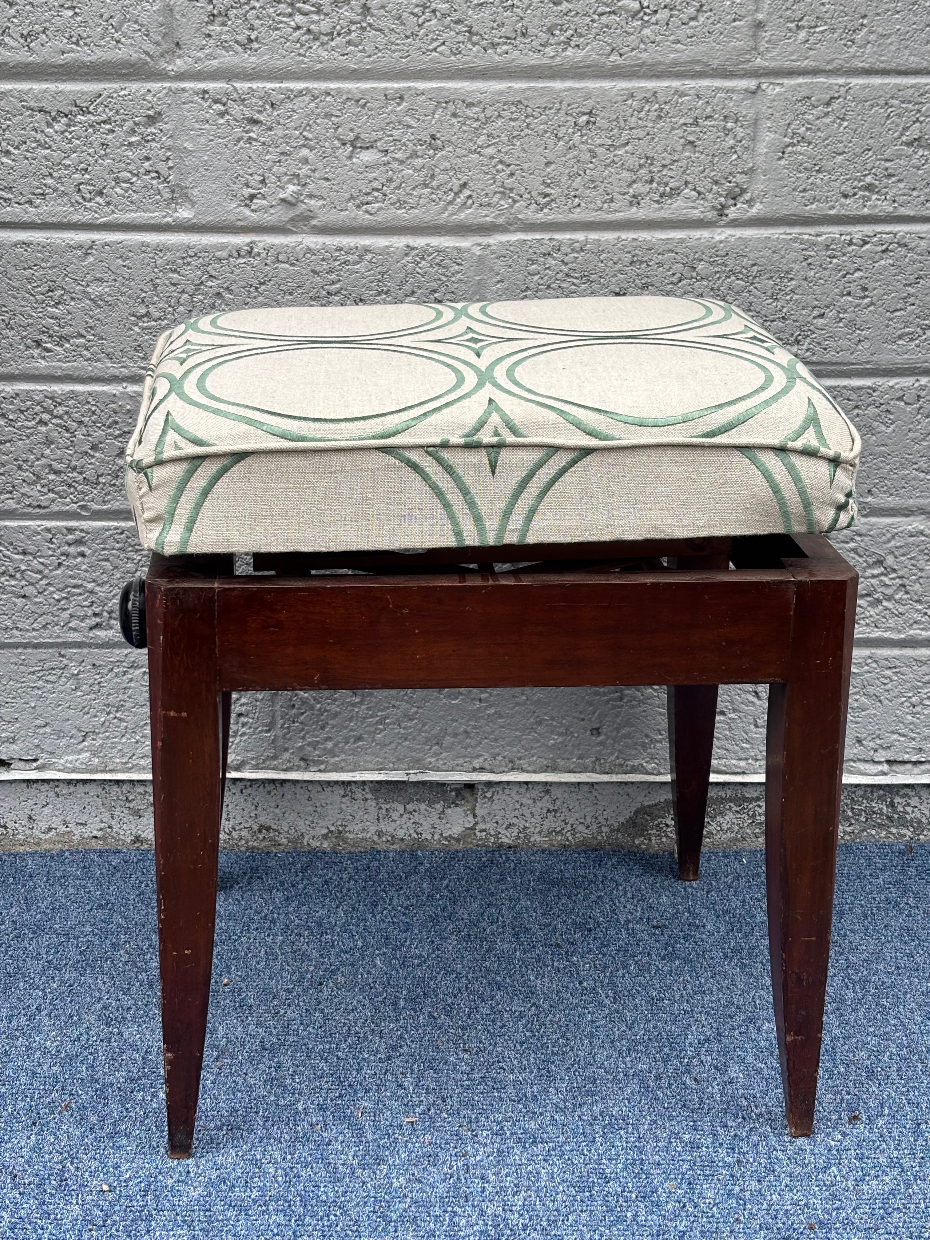 Mid-Century Adjustable Wood Piano Stool with Green Geometric Cushion
