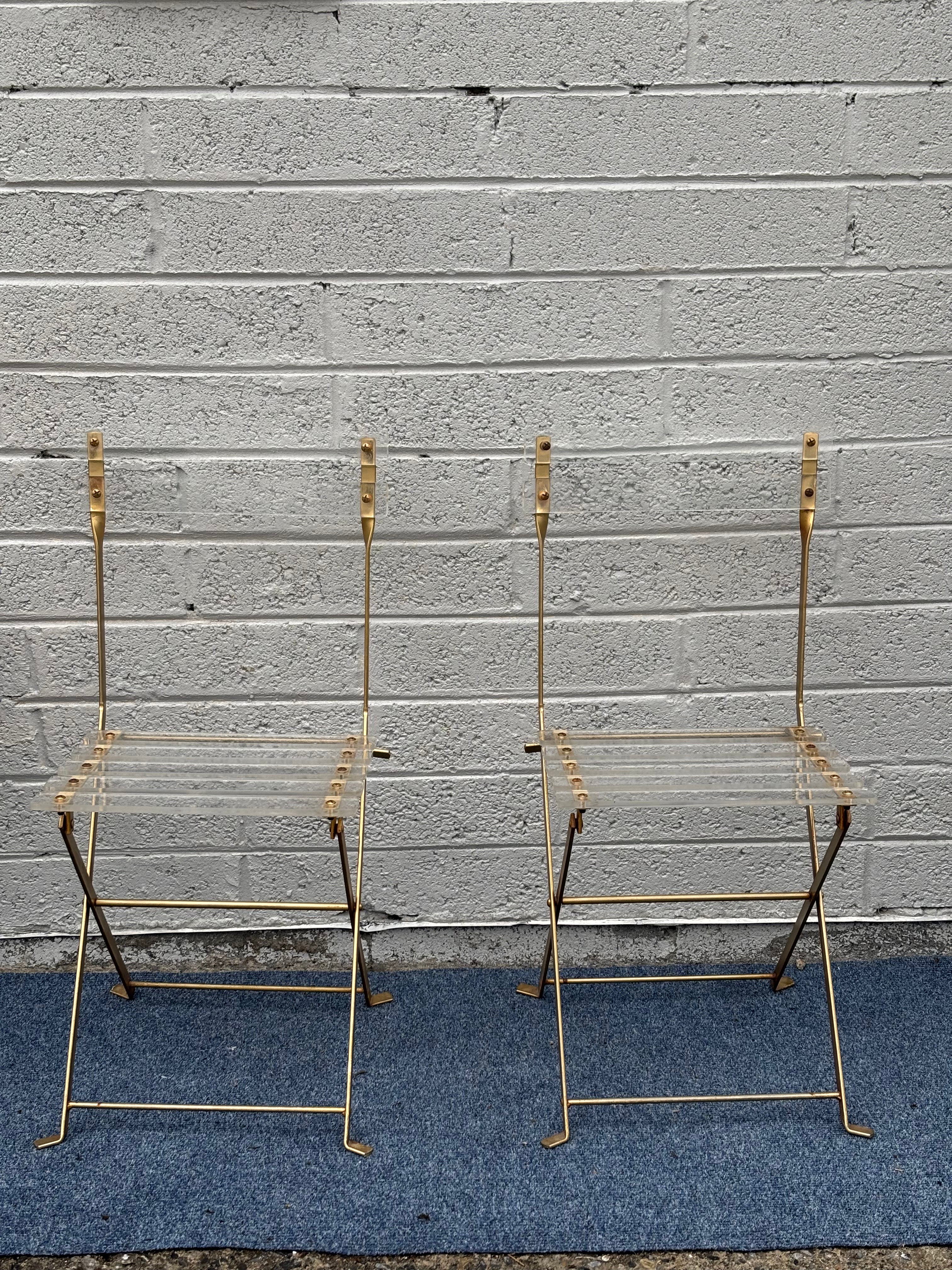 Pair of 'Les Invisibles' Lucite & Brass Folding Chairs by Lebovici & Berthet for Marais International, 1970s