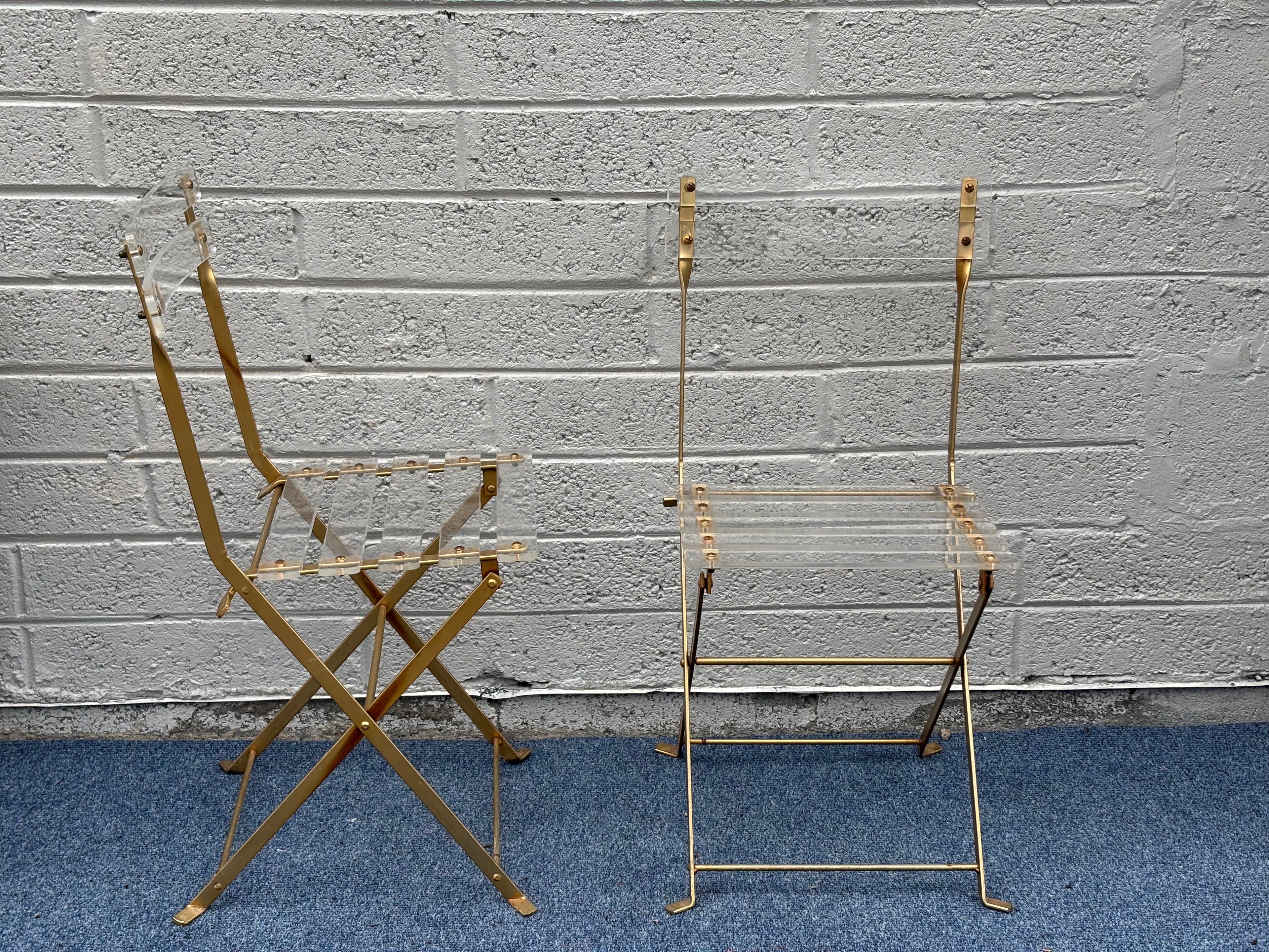 Pair of 'Les Invisibles' Lucite & Brass Folding Chairs by Lebovici & Berthet for Marais International, 1970s