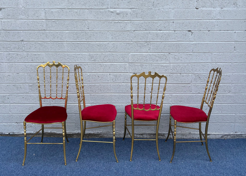 Set of 4 Mid-Century Italian Brass Chiavari Chairs with Red Velvet