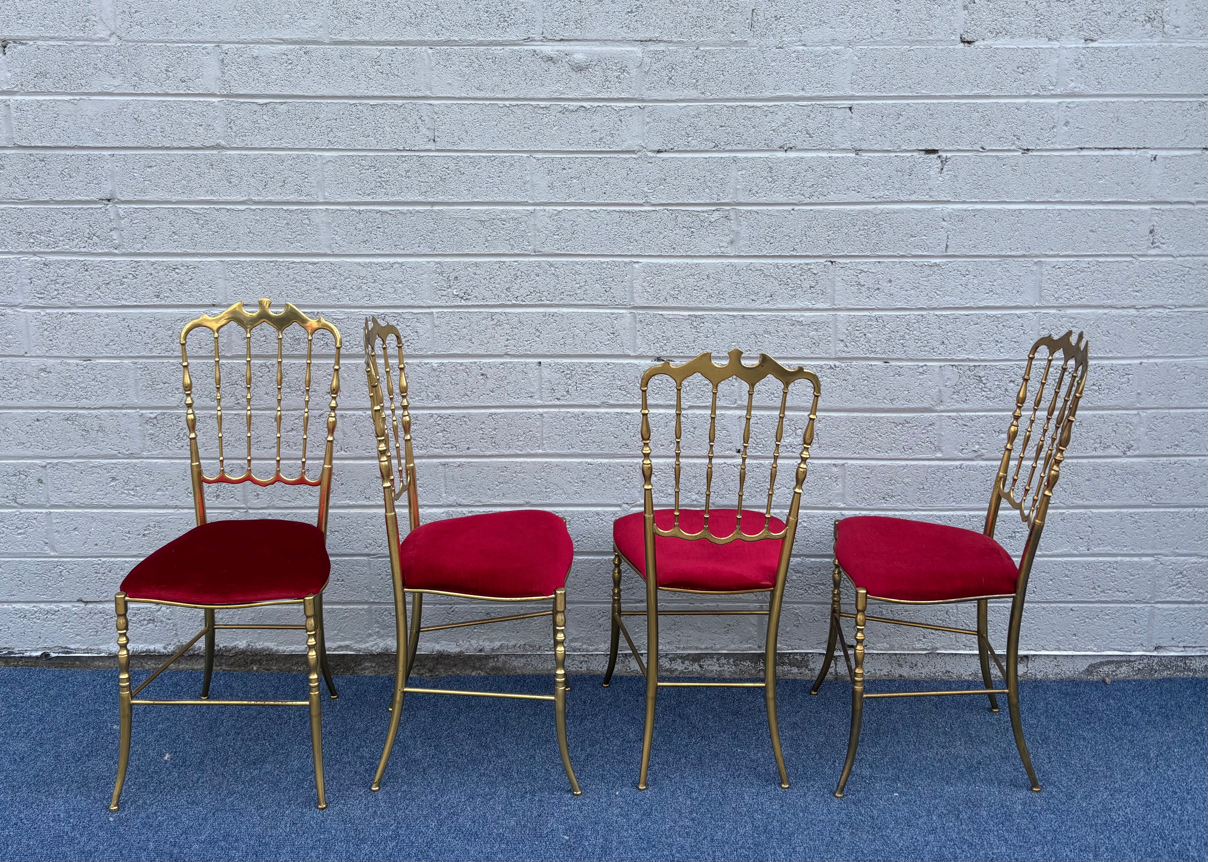 Set of 4 Mid-Century Italian Brass Chiavari Chairs with Red Velvet