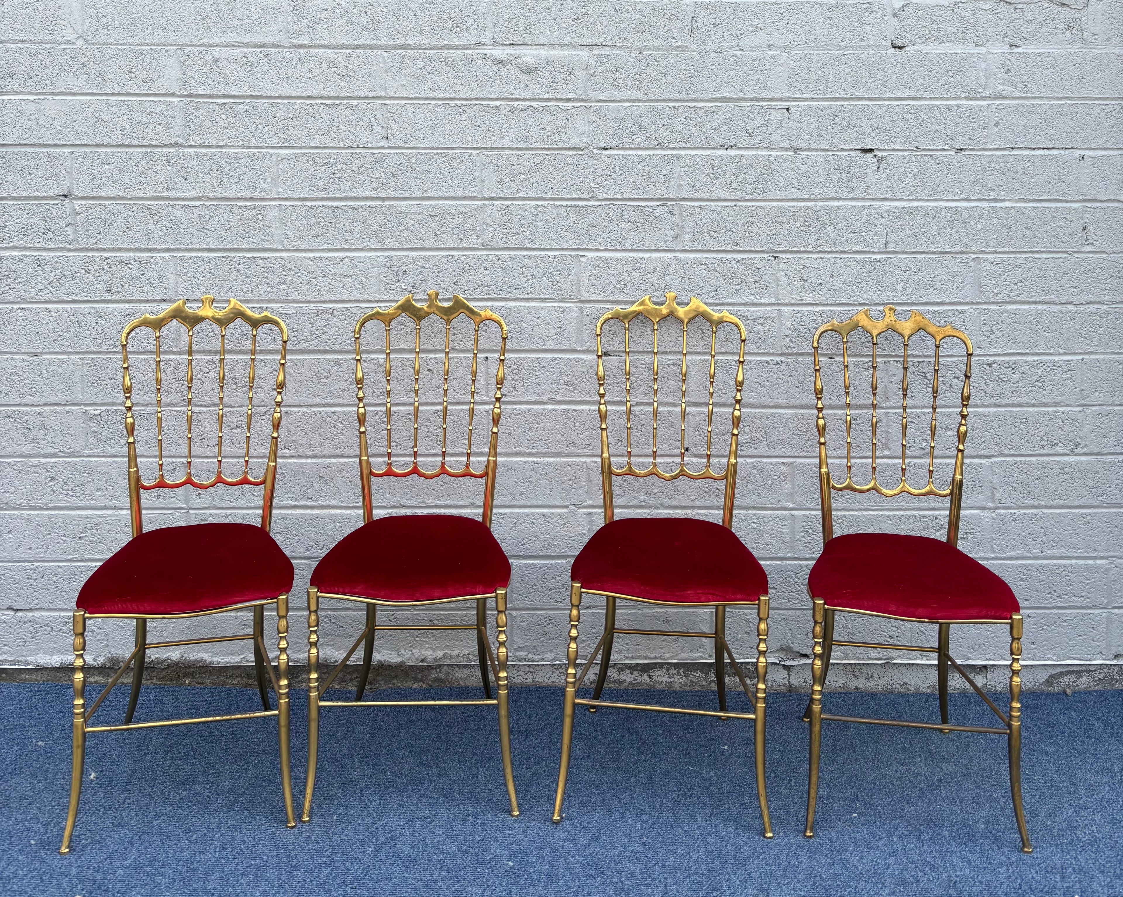 Set of 4 Mid-Century Italian Brass Chiavari Chairs with Red Velvet